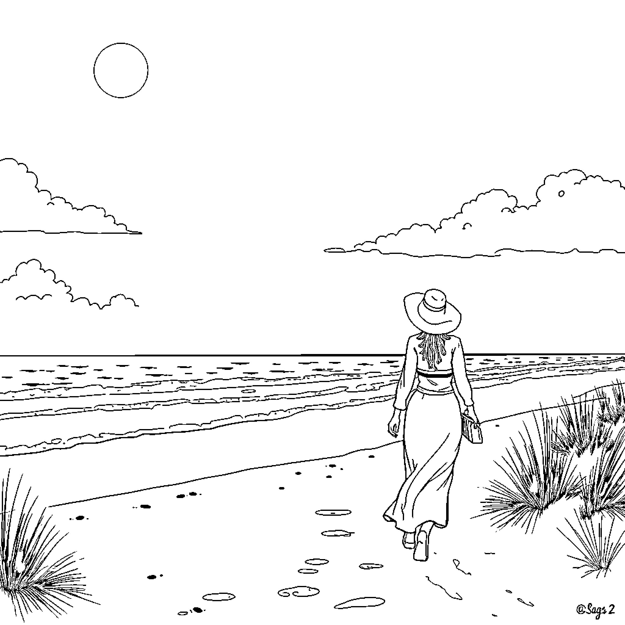 Woman walking along the serene beach Coloring Page (free black-and-white line drawing printable PDF for all, from beginners to advanced learners, including children, teens, adults, and seniors)