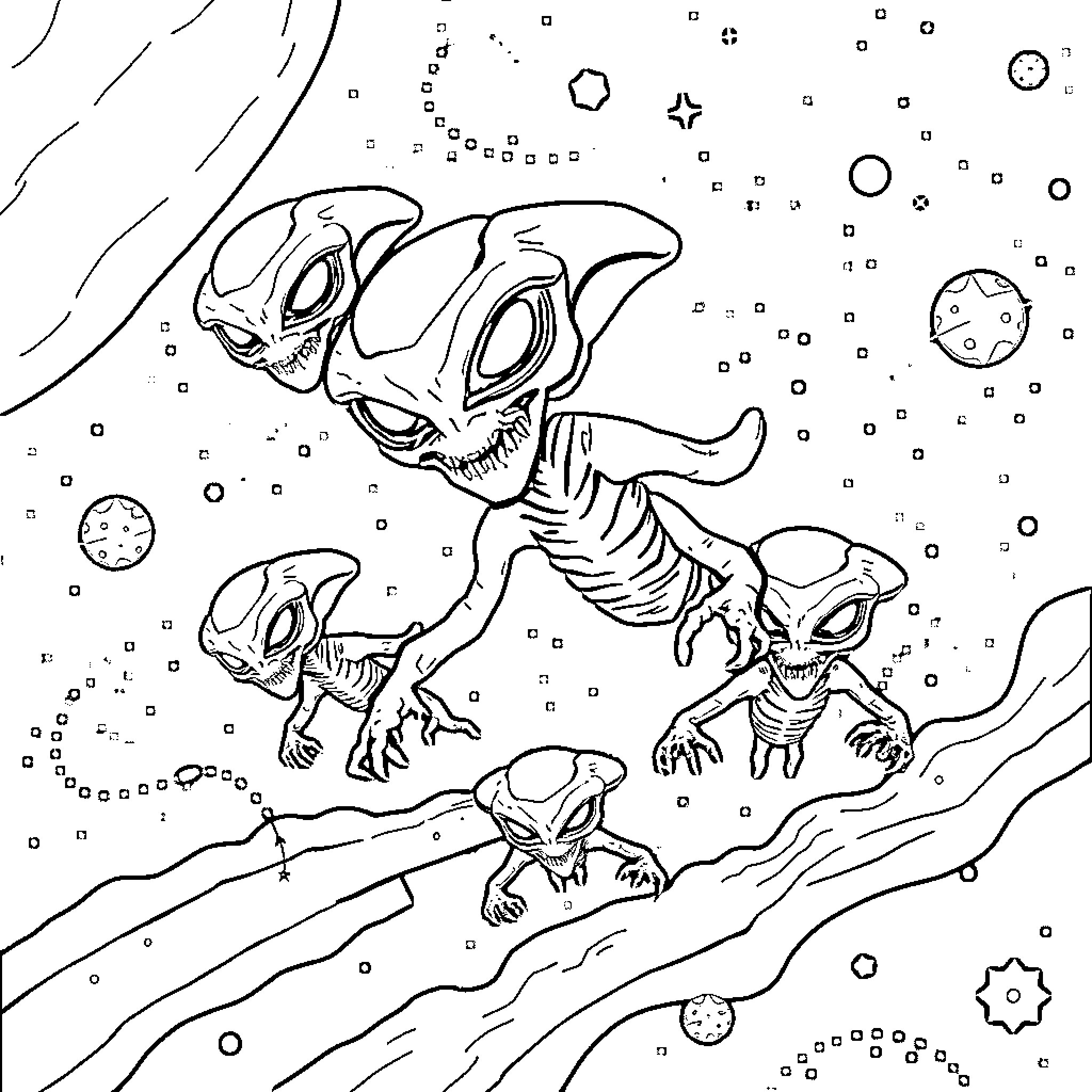 Alien Creatures Exploring Cosmic Landscape Coloring Page (free black-and-white line drawing printable PDF for all, from beginners to advanced learners, including children, teens, adults, and seniors)