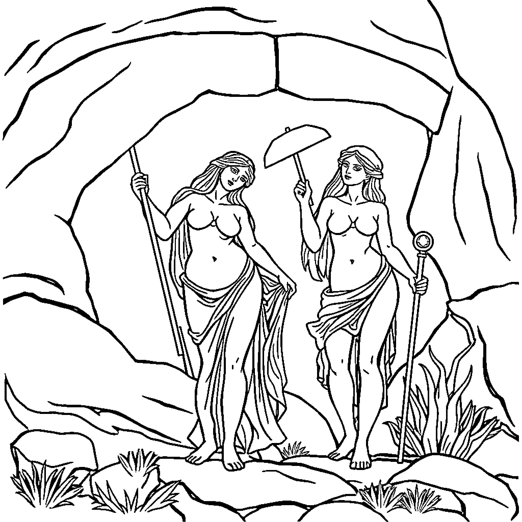 Venus Goddesses in Primordial Landscape Coloring Page (free black-and-white line drawing printable PDF for all, from beginners to advanced learners, including children, teens, adults, and seniors)