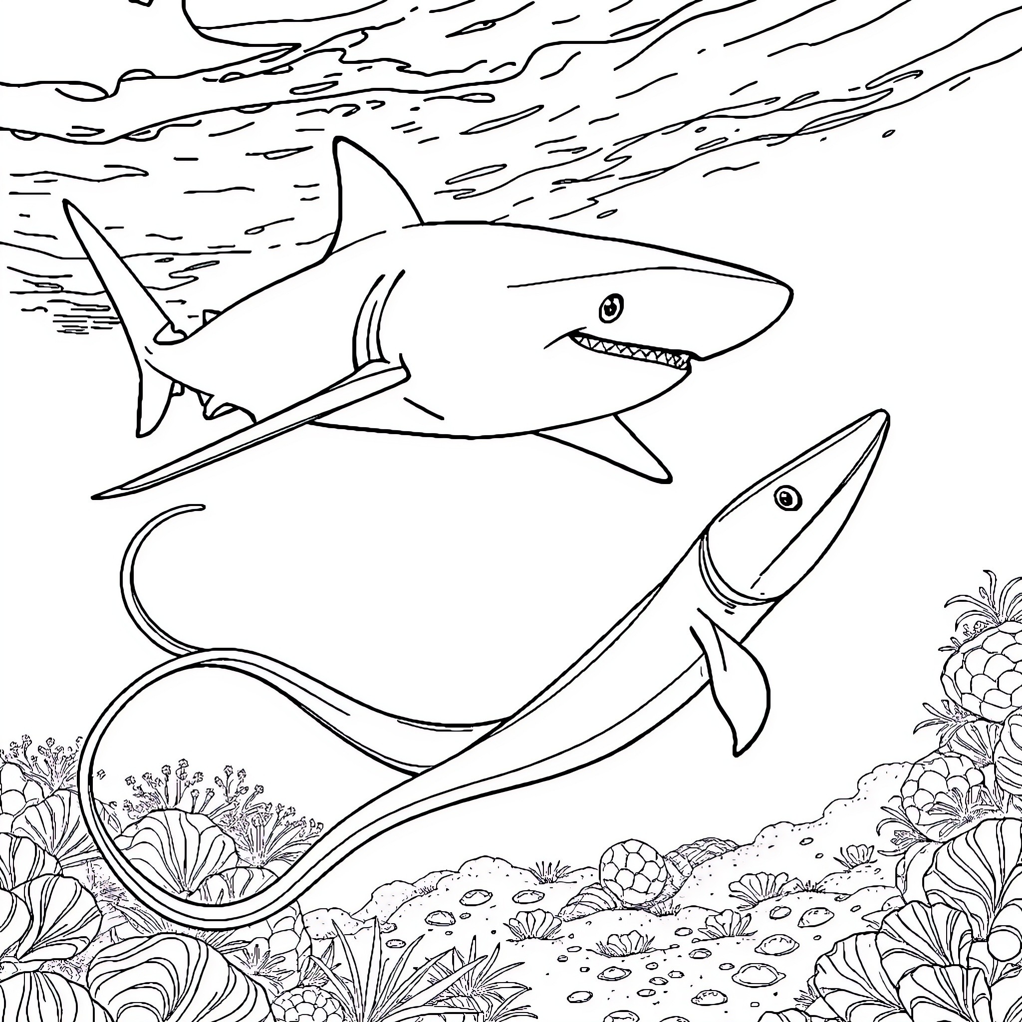 Hammerhead Shark hunting small fish in the ocean Coloring Page (free black-and-white line drawing printable PDF for all, from beginners to advanced learners, including children, teens, adults, and seniors)