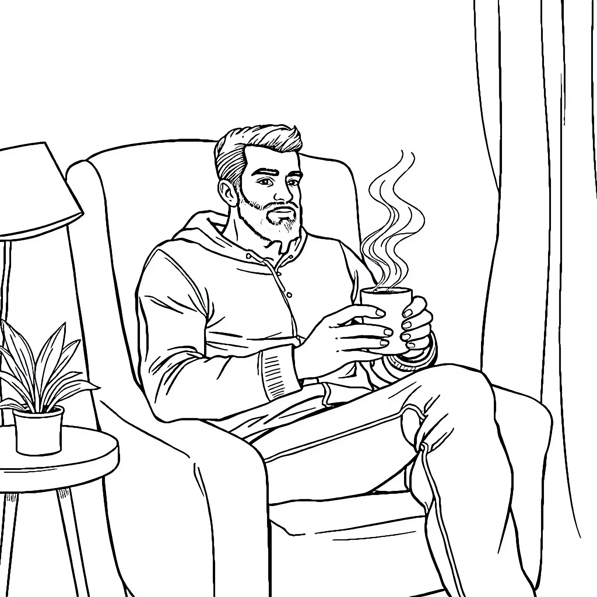 Samer relaxing with a hot drink in his home Coloring Page (free black-and-white line drawing printable PDF for all, from beginners to advanced learners, including children, teens, adults, and seniors)