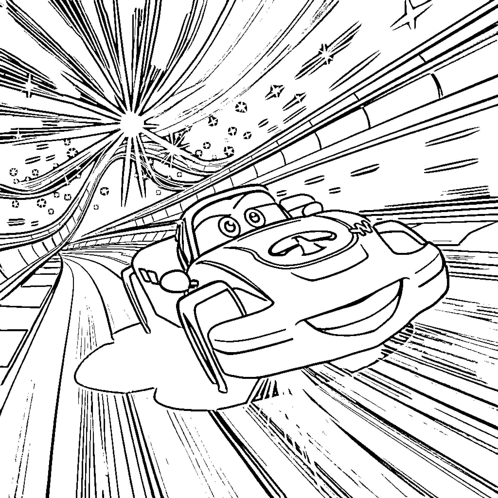 Lightning McQueen racing through a dazzling display of lights and stars Coloring Page (free black-and-white line drawing printable PDF for all, from beginners to advanced learners, including children, teens, adults, and seniors)
