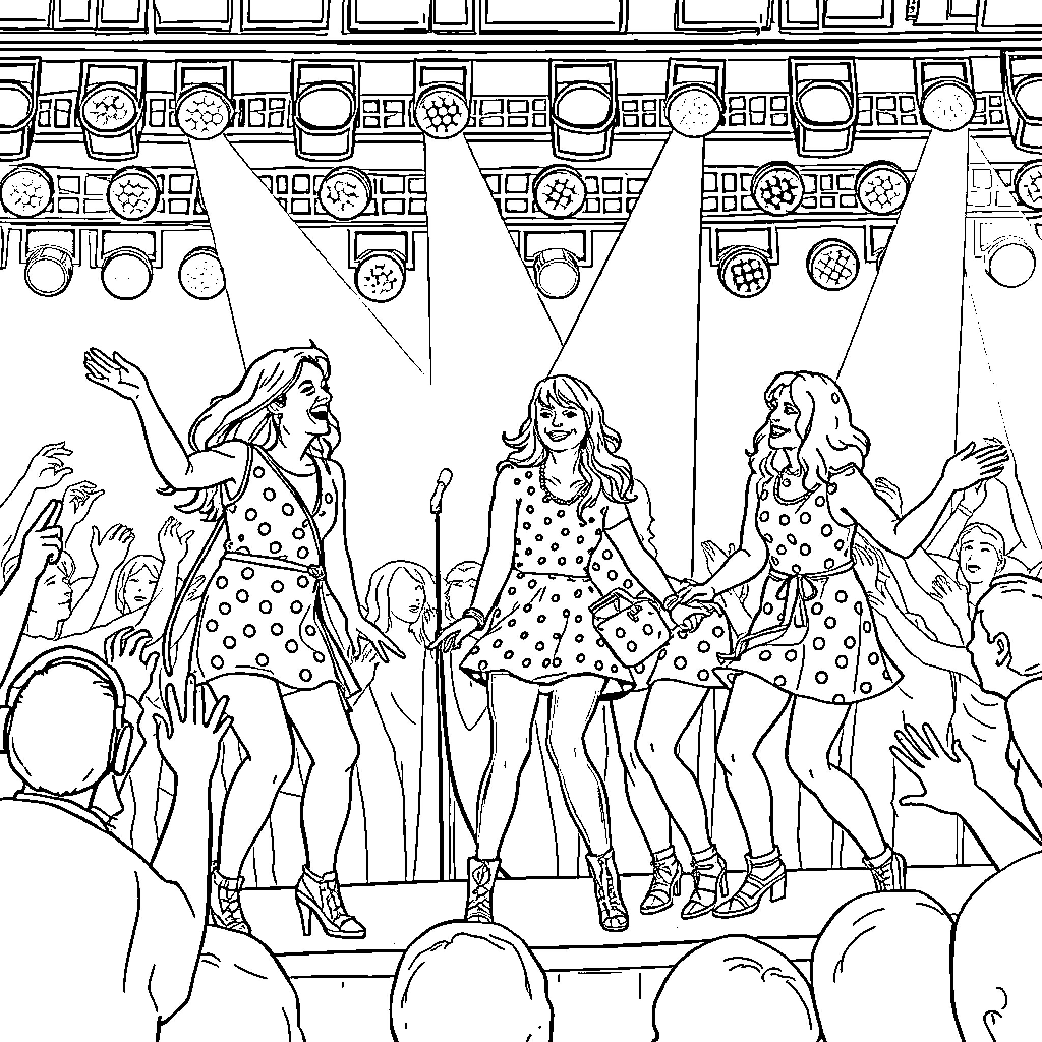 Spice Girls performing on stage with fans Coloring Page (free black-and-white line drawing printable PDF for all, from beginners to advanced learners, including children, teens, adults, and seniors)
