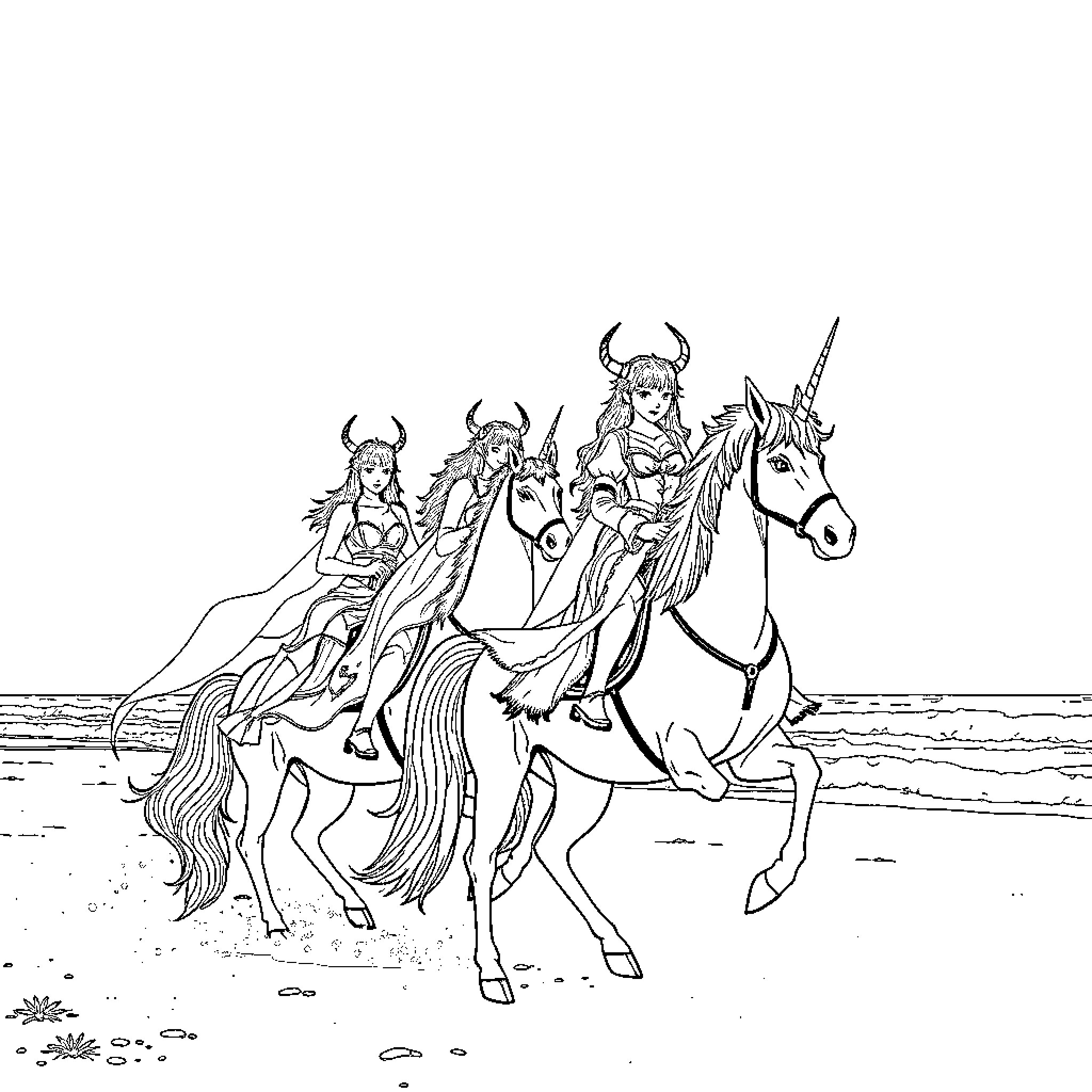 Demon Hunters Riding Unicorns on Enchanted Shore Coloring Page (free black-and-white line drawing printable PDF for all, from beginners to advanced learners, including children, teens, adults, and seniors)