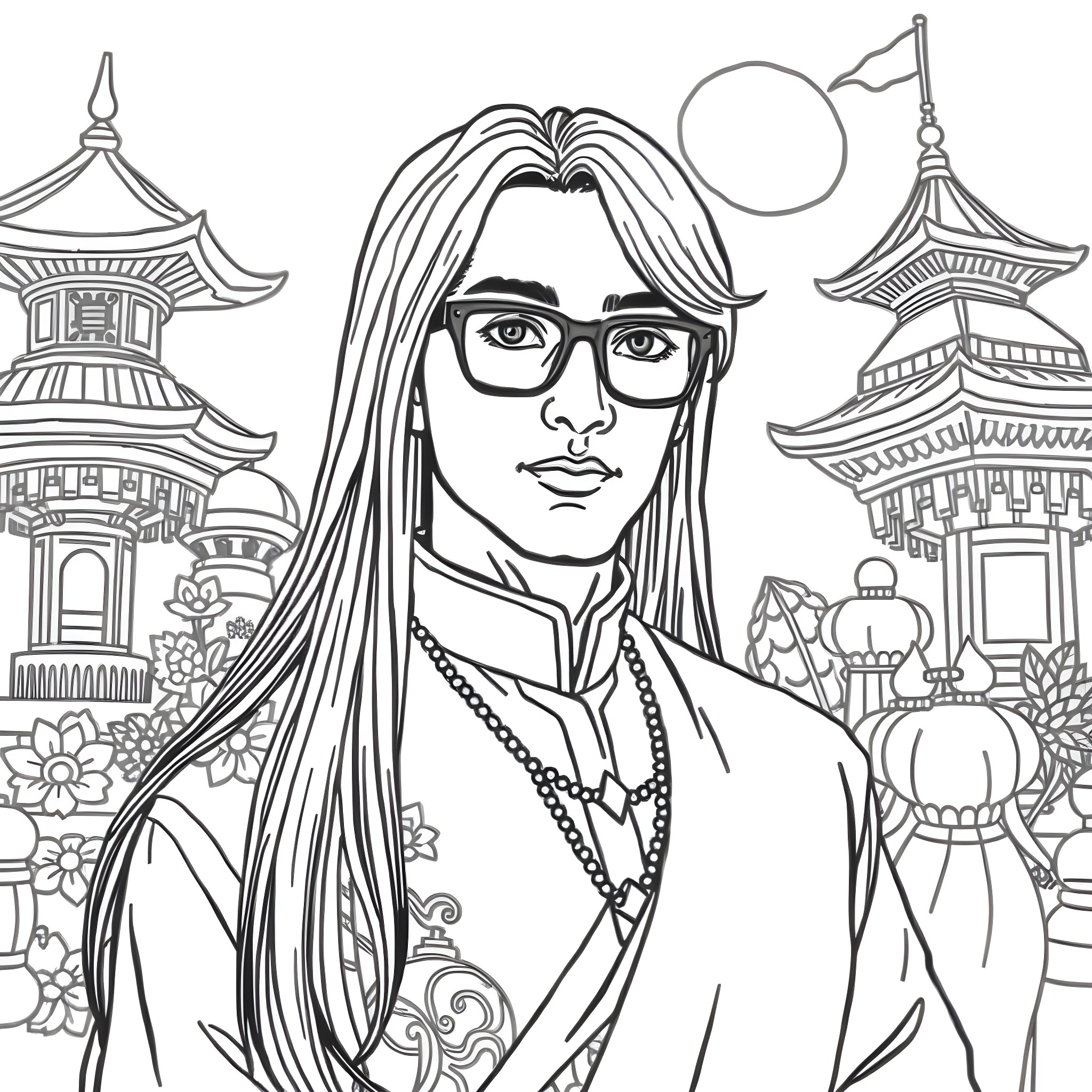 Mexican Man in Thoughtful Pose with Architectural Backdrop Coloring Page (free black-and-white line drawing printable PDF for all, from beginners to advanced learners, including children, teens, adults, and seniors)