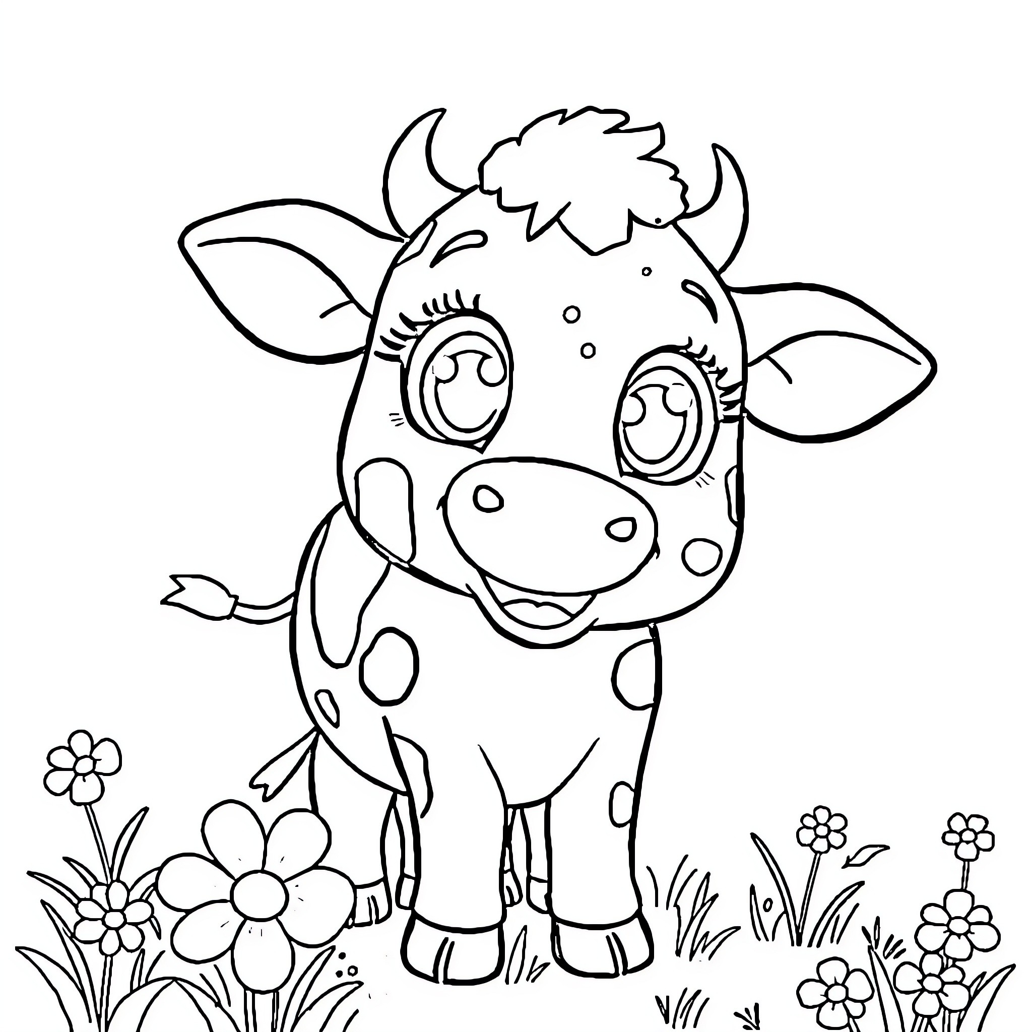 Lola the Friendly Cow in a Flower-Filled Field Coloring Page (free black-and-white line drawing printable PDF for all, from beginners to advanced learners, including children, teens, adults, and seniors)
