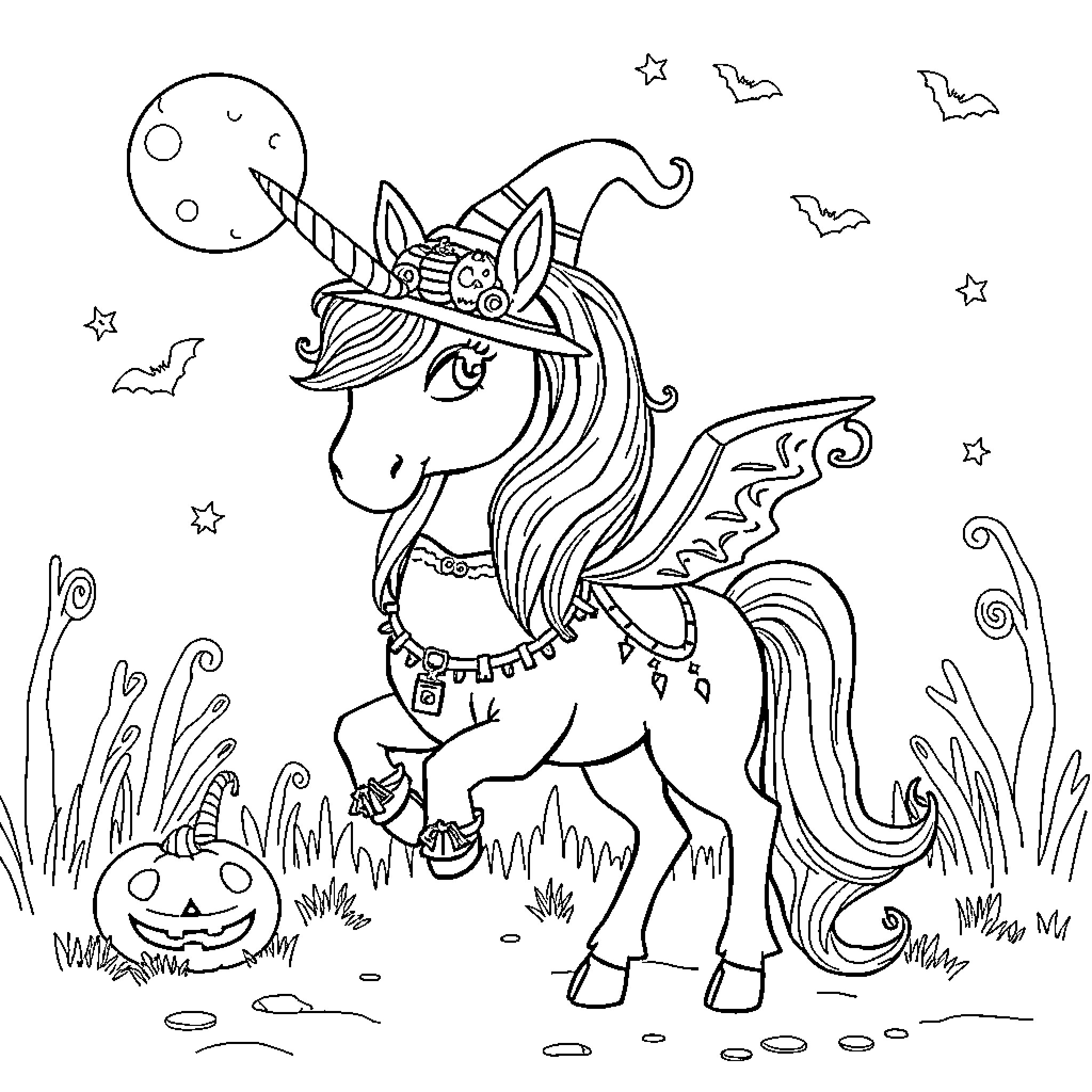 Unicorn in a Whimsical Halloween Scene Coloring Page (free black-and-white line drawing printable PDF for all, from beginners to advanced learners, including children, teens, adults, and seniors)