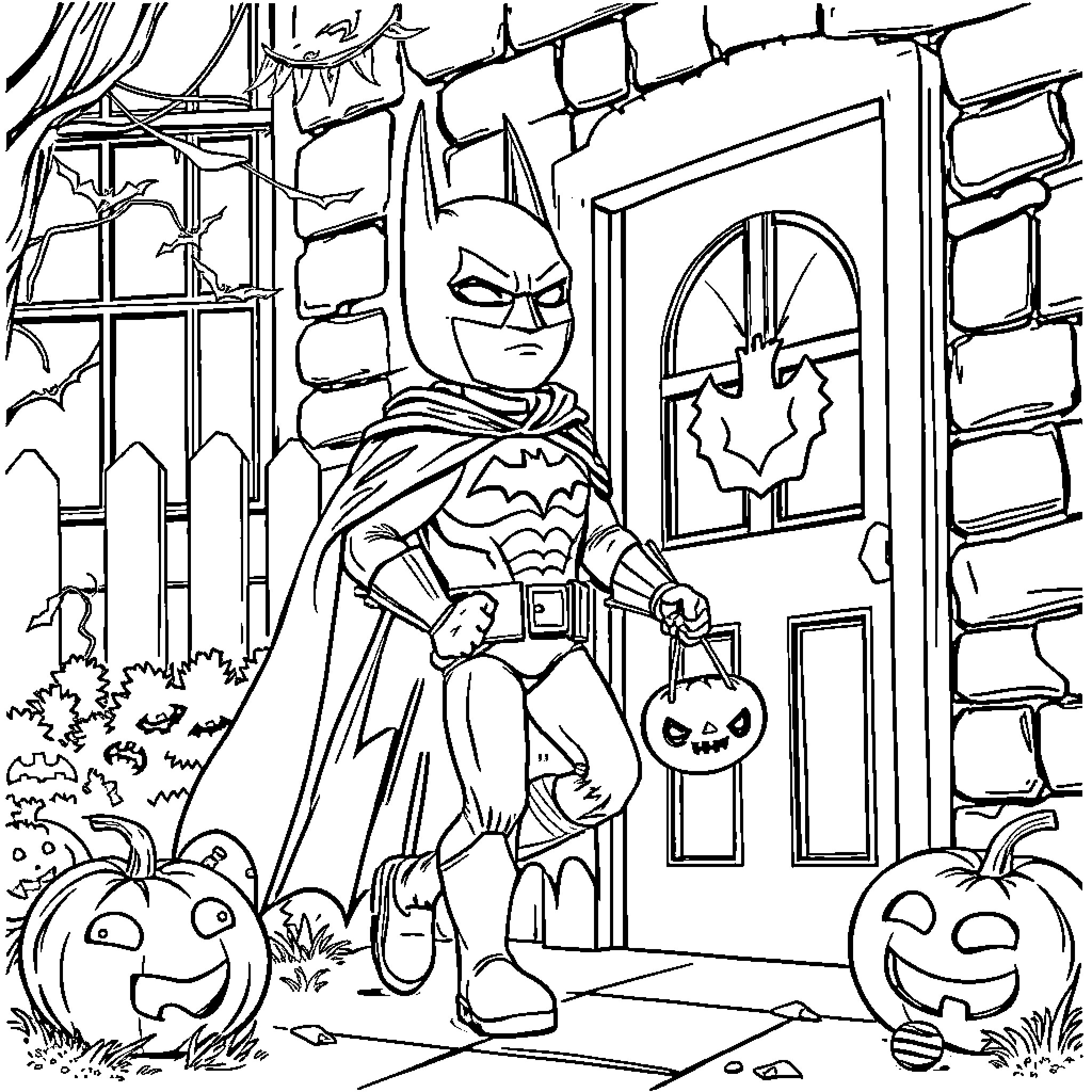 Batman Trick-or-Treating in a Spooky Neighborhood Coloring Page (free black-and-white line drawing printable PDF for all, from beginners to advanced learners, including children, teens, adults, and seniors)