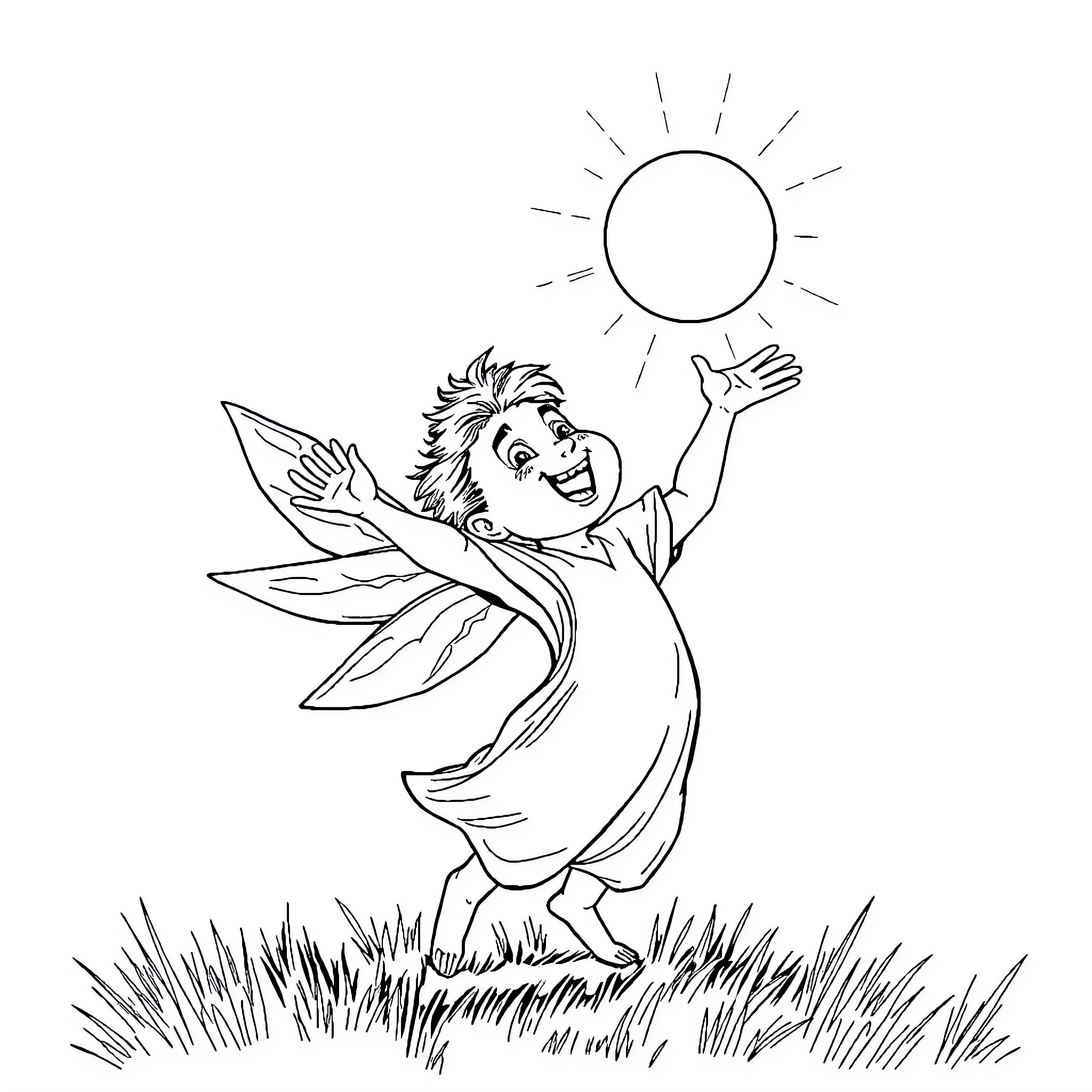 Spirit of the Meadows - Joyful Fairy in Nature Coloring Page (free black-and-white line drawing printable PDF for all, from beginners to advanced learners, including children, teens, adults, and seniors)