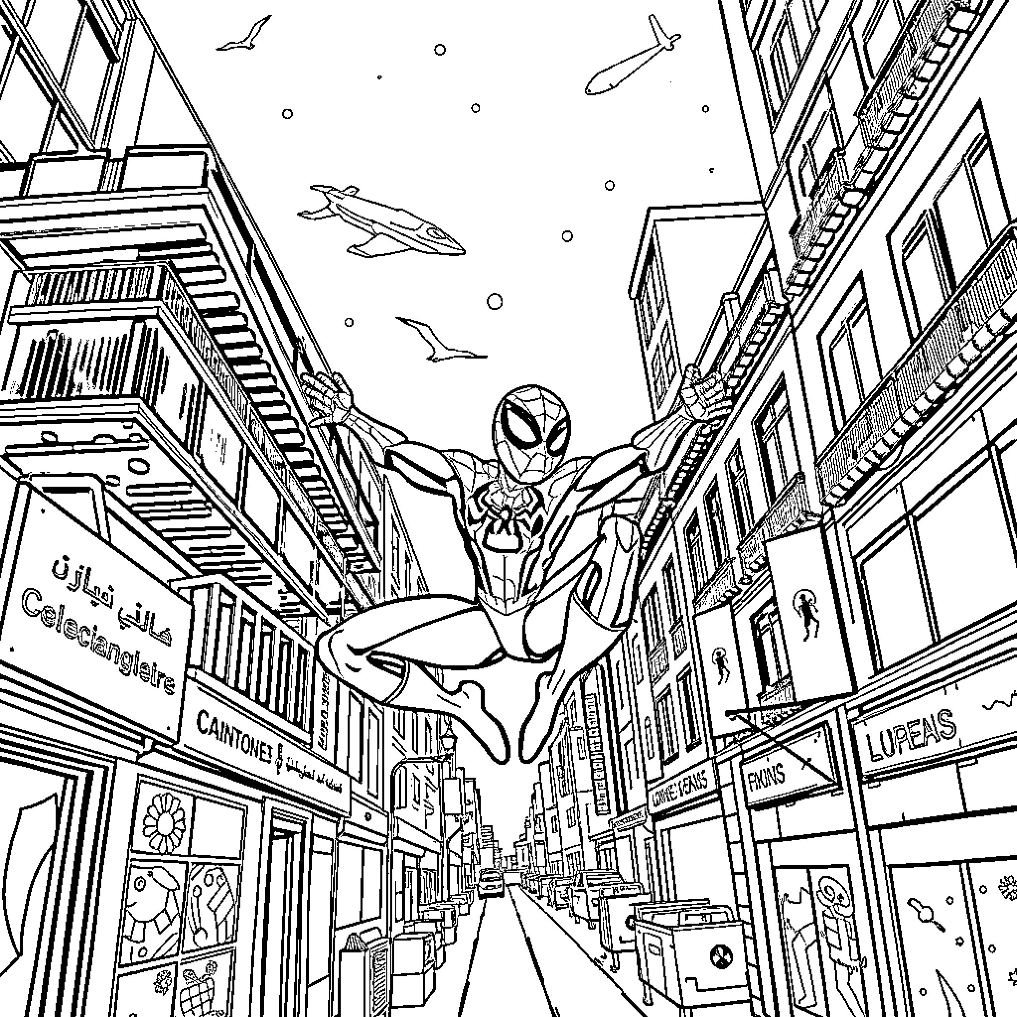 Spider-Man leaping through the city streets Coloring Page (free black-and-white line drawing printable PDF for all, from beginners to advanced learners, including children, teens, adults, and seniors)