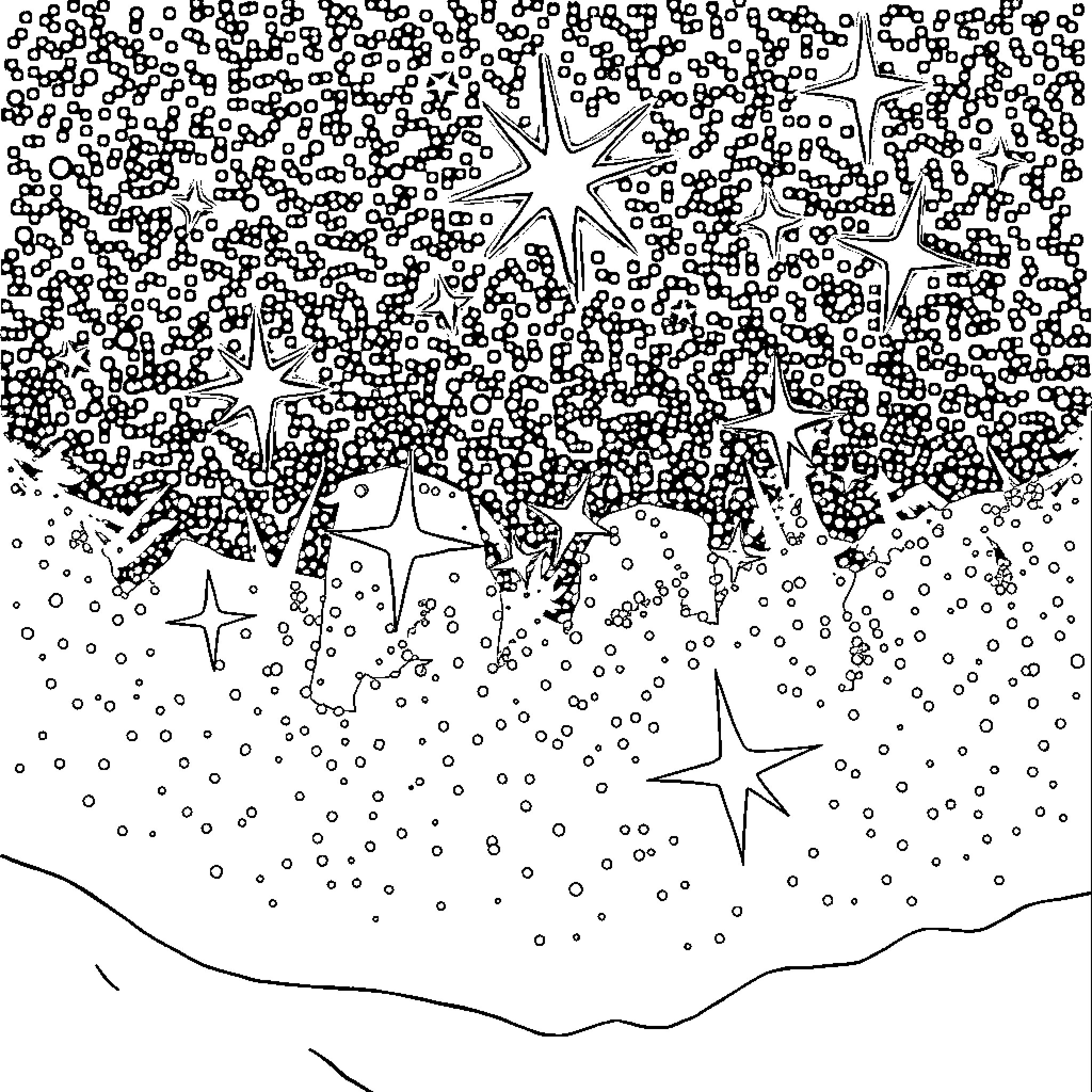 Star-filled Starry Night Scene Coloring Page (free black-and-white line drawing printable PDF for all, from beginners to advanced learners, including children, teens, adults, and seniors)