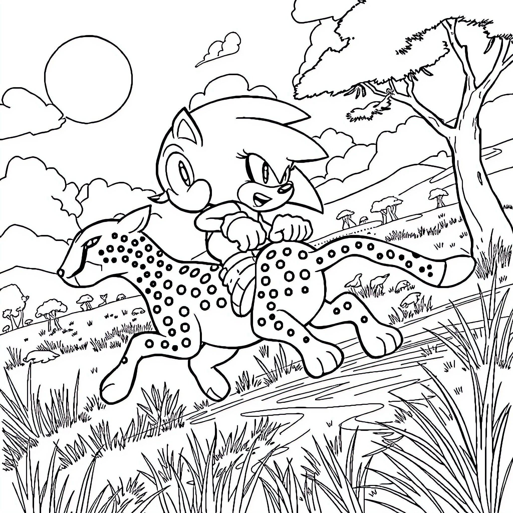 Sonic the hedgehog exploring the wilderness Coloring Page (free black-and-white line drawing printable PDF for all, from beginners to advanced learners, including children, teens, adults, and seniors)