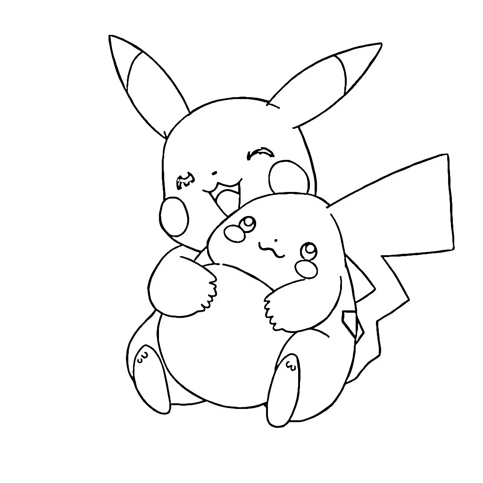 Pikachu hugging a friend playfully Coloring Page (free black-and-white line drawing printable PDF for all, from beginners to advanced learners, including children, teens, adults, and seniors)