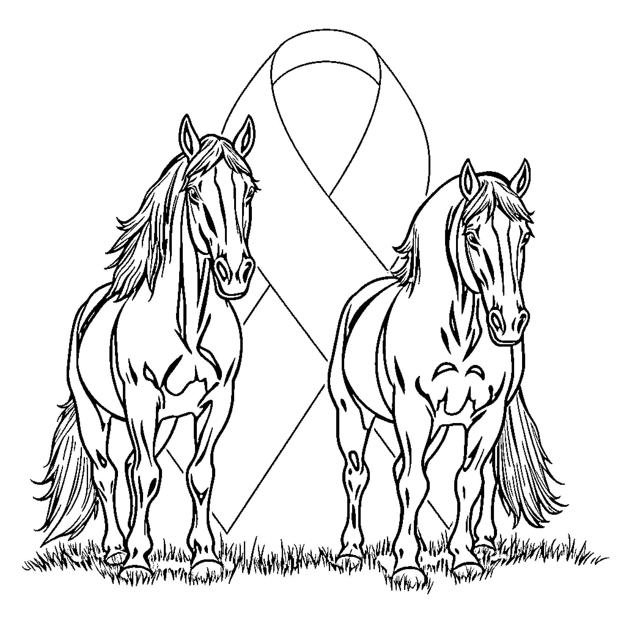 Mustang horses galloping in the field Coloring Page (free black-and-white line drawing printable PDF for all, from beginners to advanced learners, including children, teens, adults, and seniors)