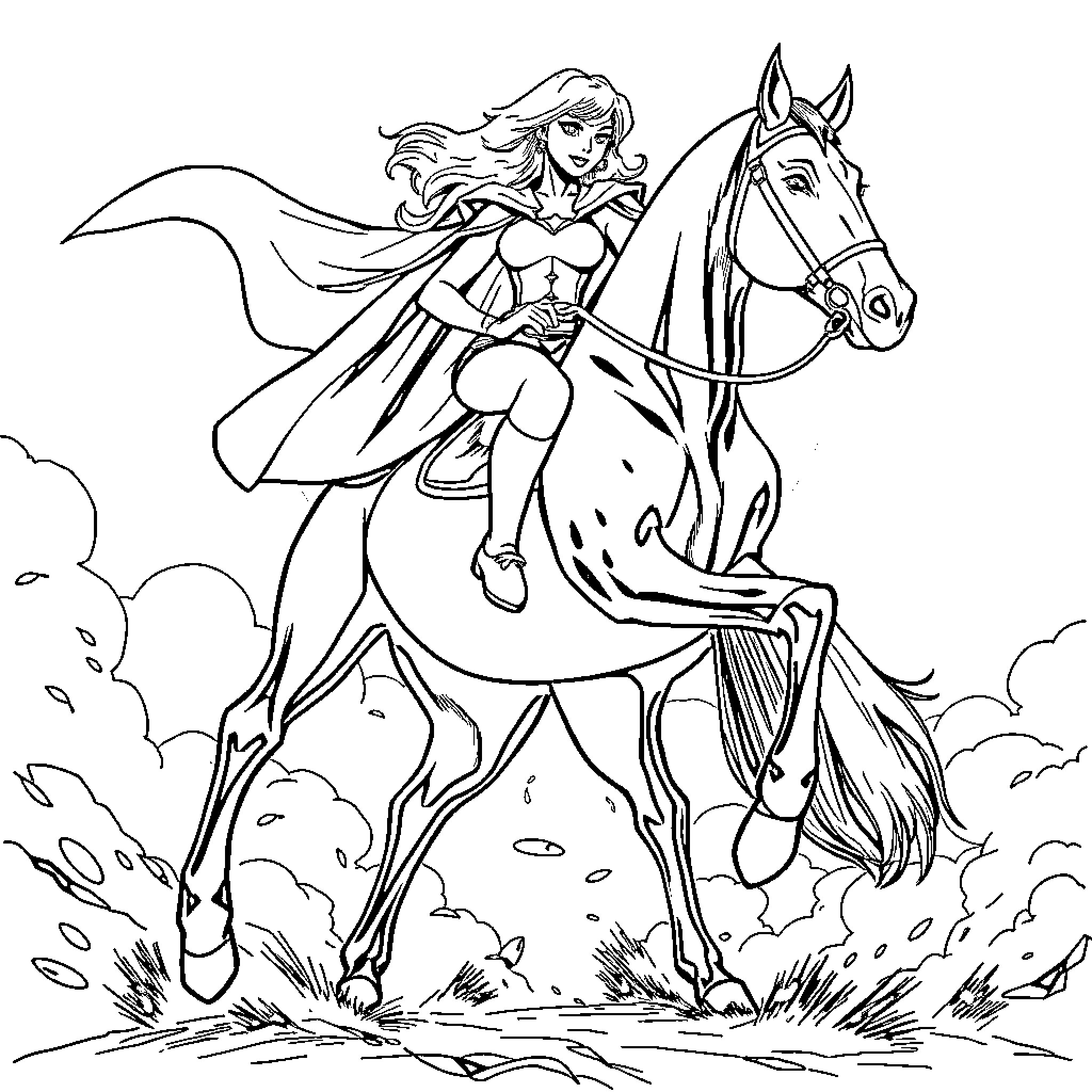 Horse rider heroine in battle gear Coloring Page (free black-and-white line drawing printable PDF for all, from beginners to advanced learners, including children, teens, adults, and seniors)