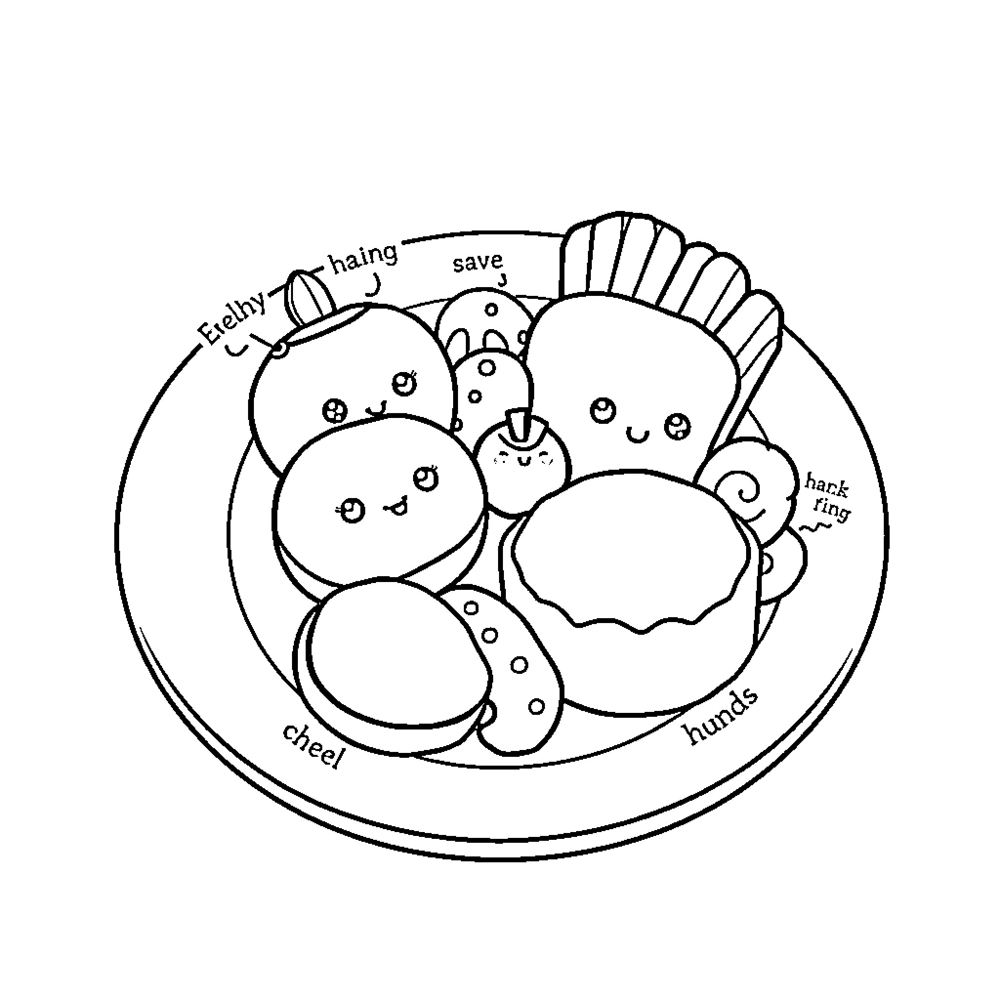 Food displayed playfully with animated characters Coloring Page (free black-and-white line drawing printable PDF for all, from beginners to advanced learners, including children, teens, adults, and seniors)