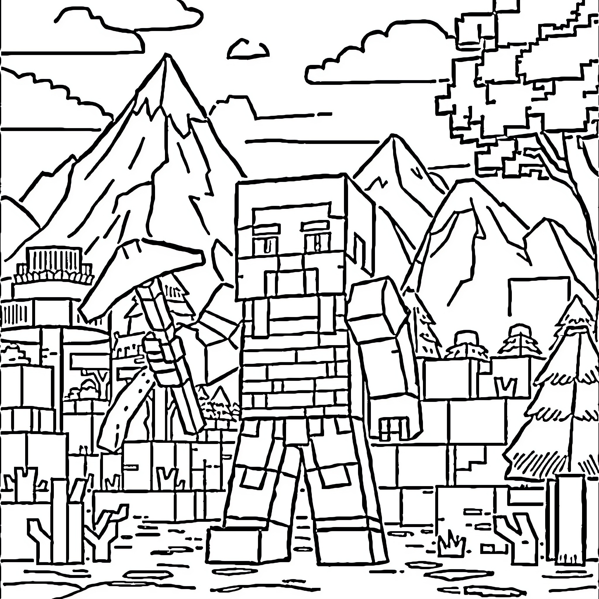 Steve's Exploration of the Mountainous Landscape Coloring Page (free black-and-white line drawing printable PDF for all, from beginners to advanced learners, including children, teens, adults, and seniors)