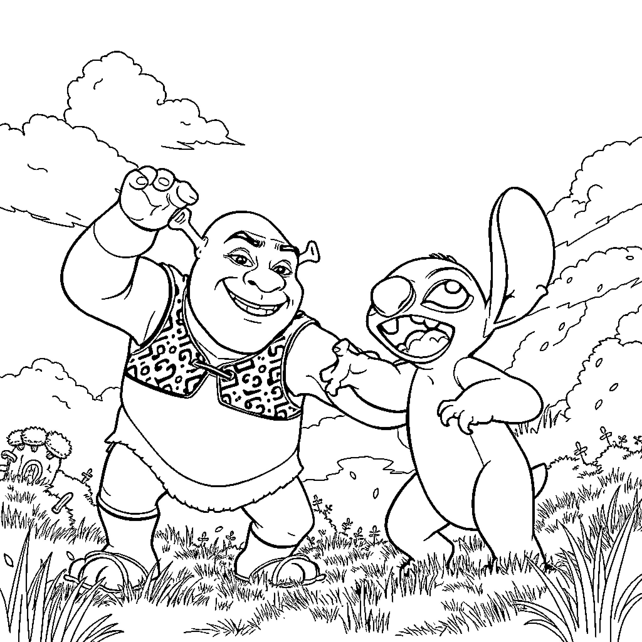 Shrek and Stitch playing in the meadow Coloring Page (free black-and-white line drawing printable PDF for all, from beginners to advanced learners, including children, teens, adults, and seniors)