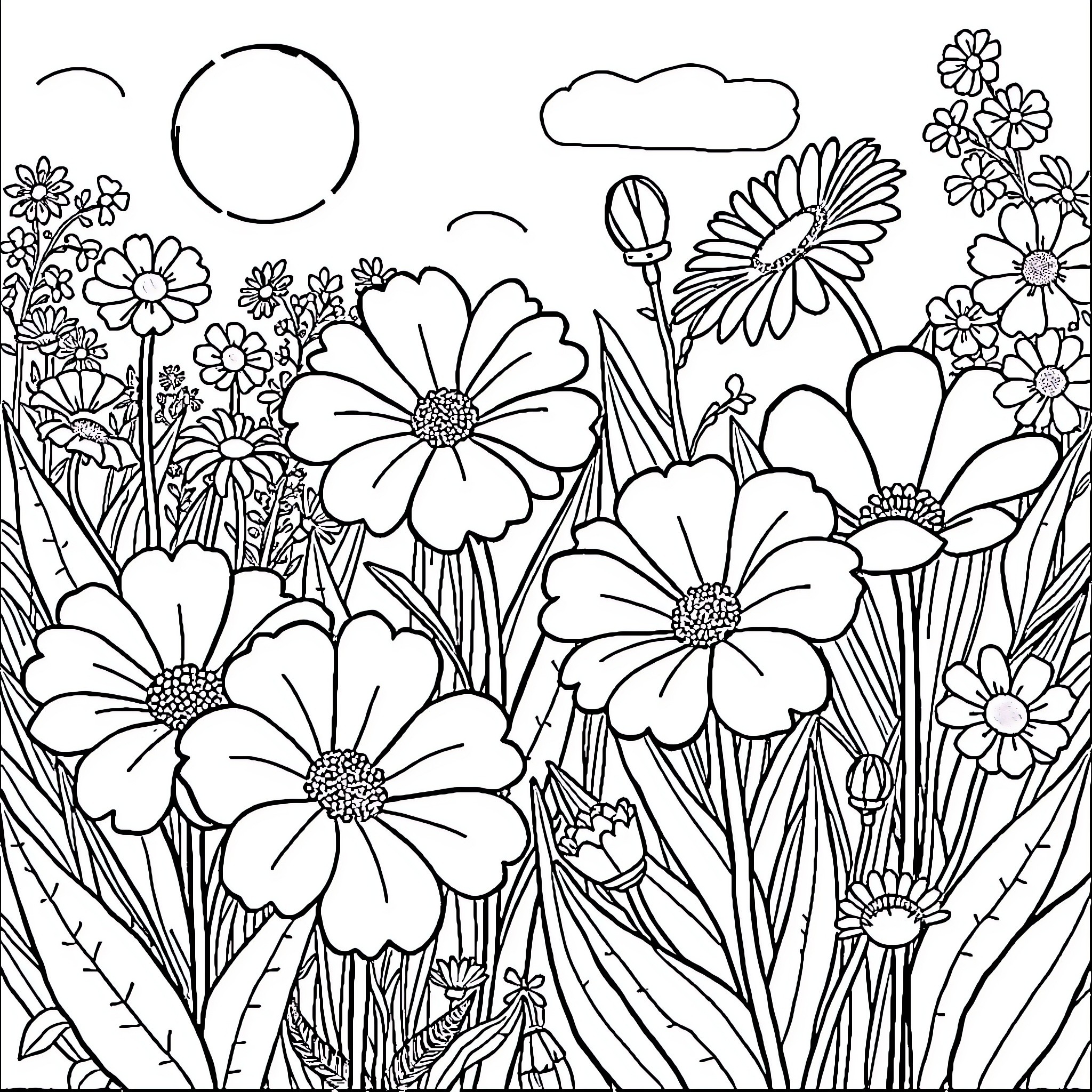 Flower Garden with Vibrant Blooms Coloring Page (free black-and-white line drawing printable PDF for all, from beginners to advanced learners, including children, teens, adults, and seniors)