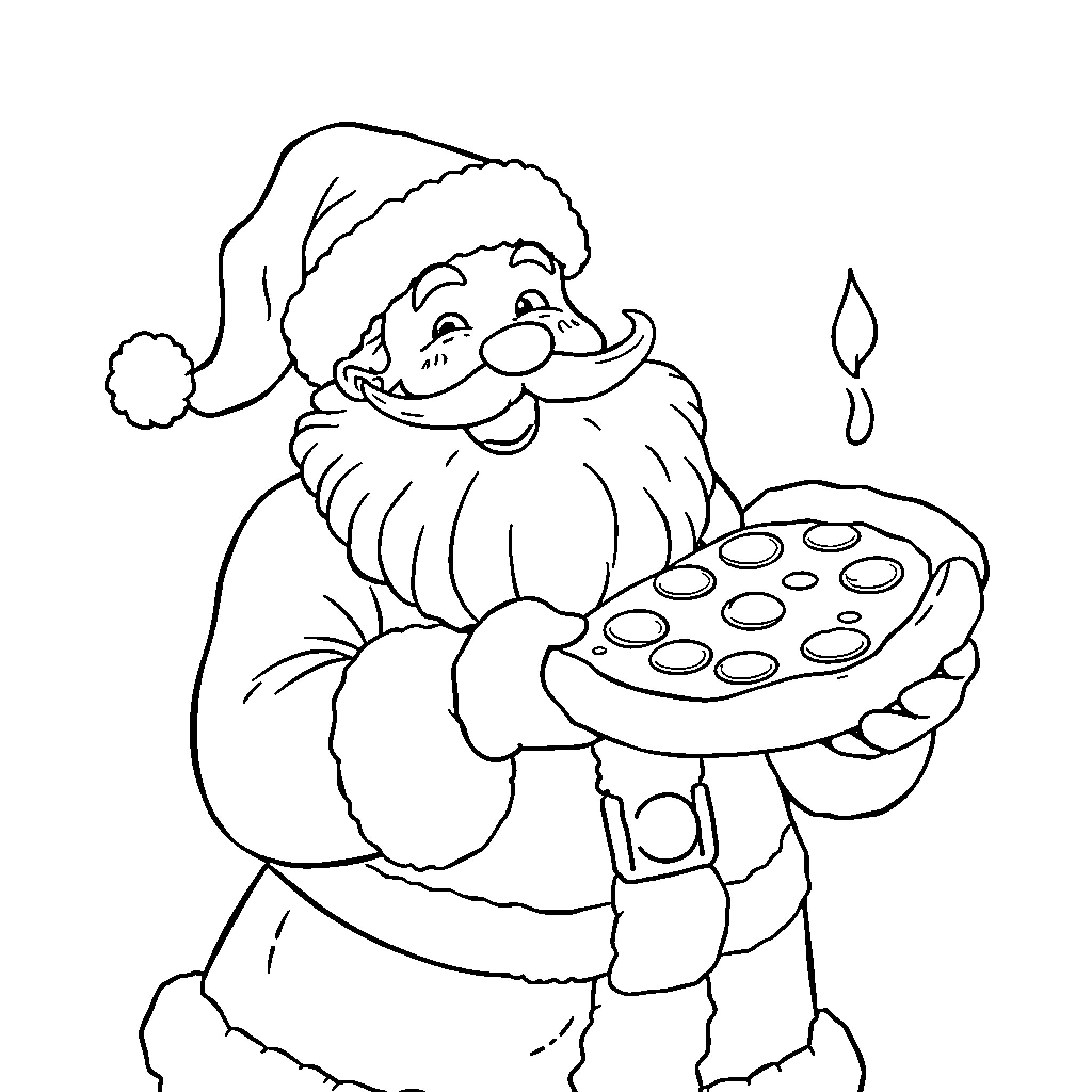 Santa cooking festive holiday treats Coloring Page (free black-and-white line drawing printable PDF for all, from beginners to advanced learners, including children, teens, adults, and seniors)