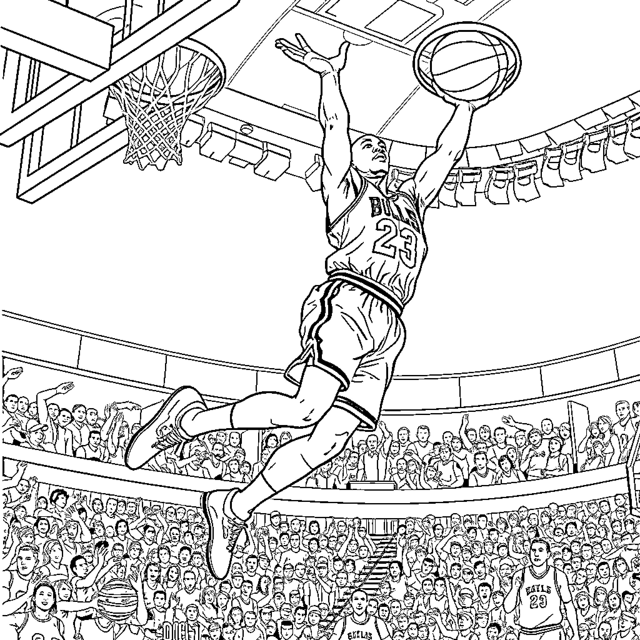 Michael Jordan performing a slam dunk in a basketball game Coloring Page (free black-and-white line drawing printable PDF for all, from beginners to advanced learners, including children, teens, adults, and seniors)