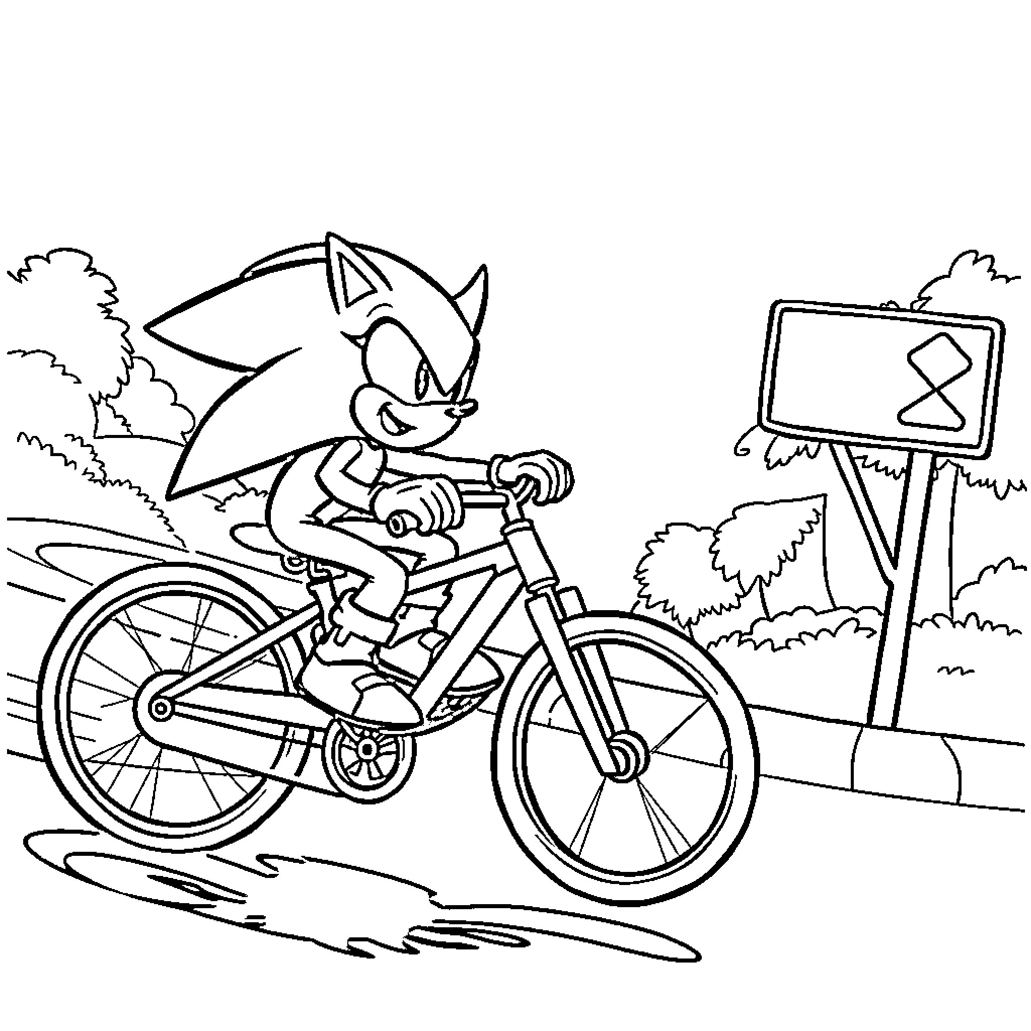 Sonic riding a bicycle on the road Coloring Page (free black-and-white line drawing printable PDF for all, from beginners to advanced learners, including children, teens, adults, and seniors)