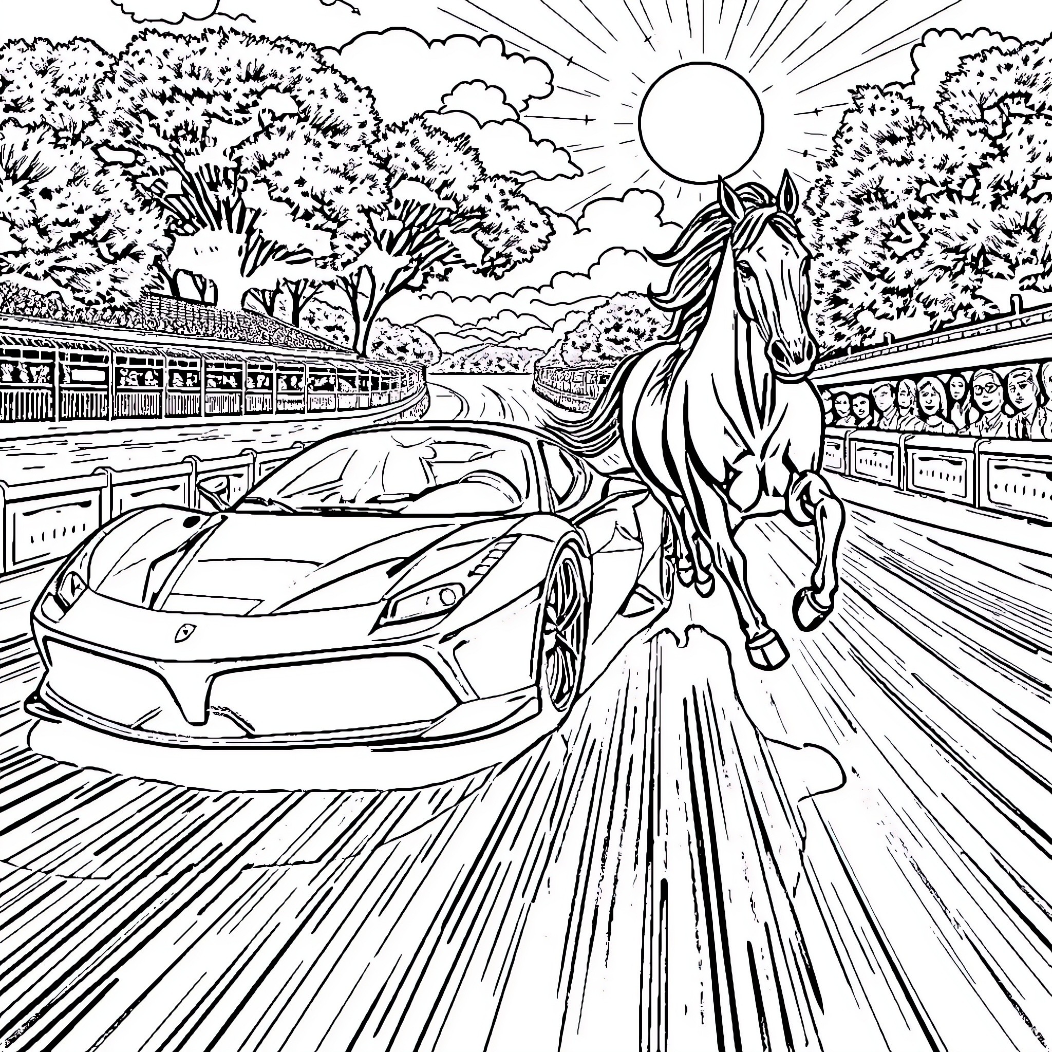 Ferrari racing through picturesque landscape with horse Coloring Page (free black-and-white line drawing printable PDF for all, from beginners to advanced learners, including children, teens, adults, and seniors)