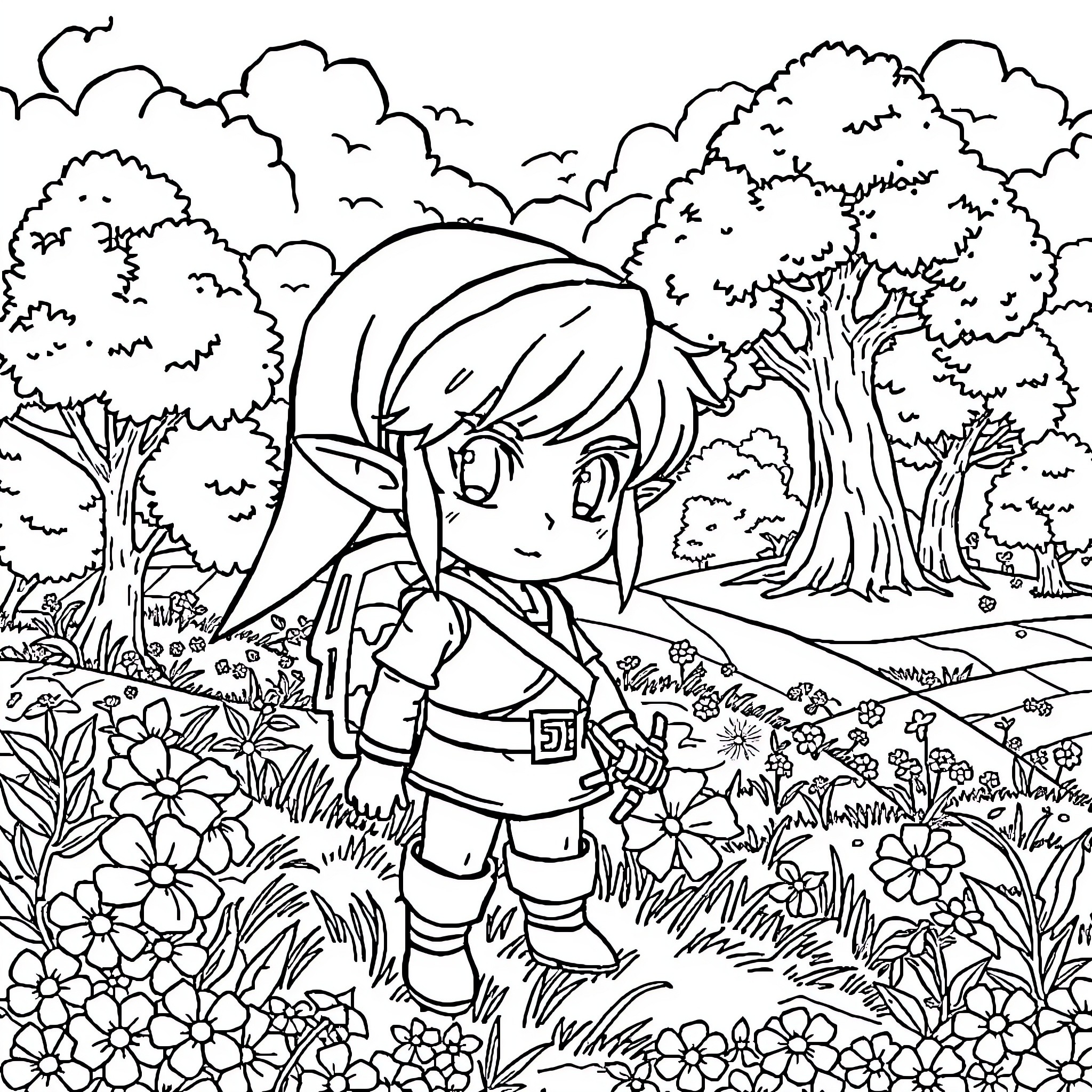 Link exploring the enchanted forest Coloring Page (free black-and-white line drawing printable PDF for all, from beginners to advanced learners, including children, teens, adults, and seniors)