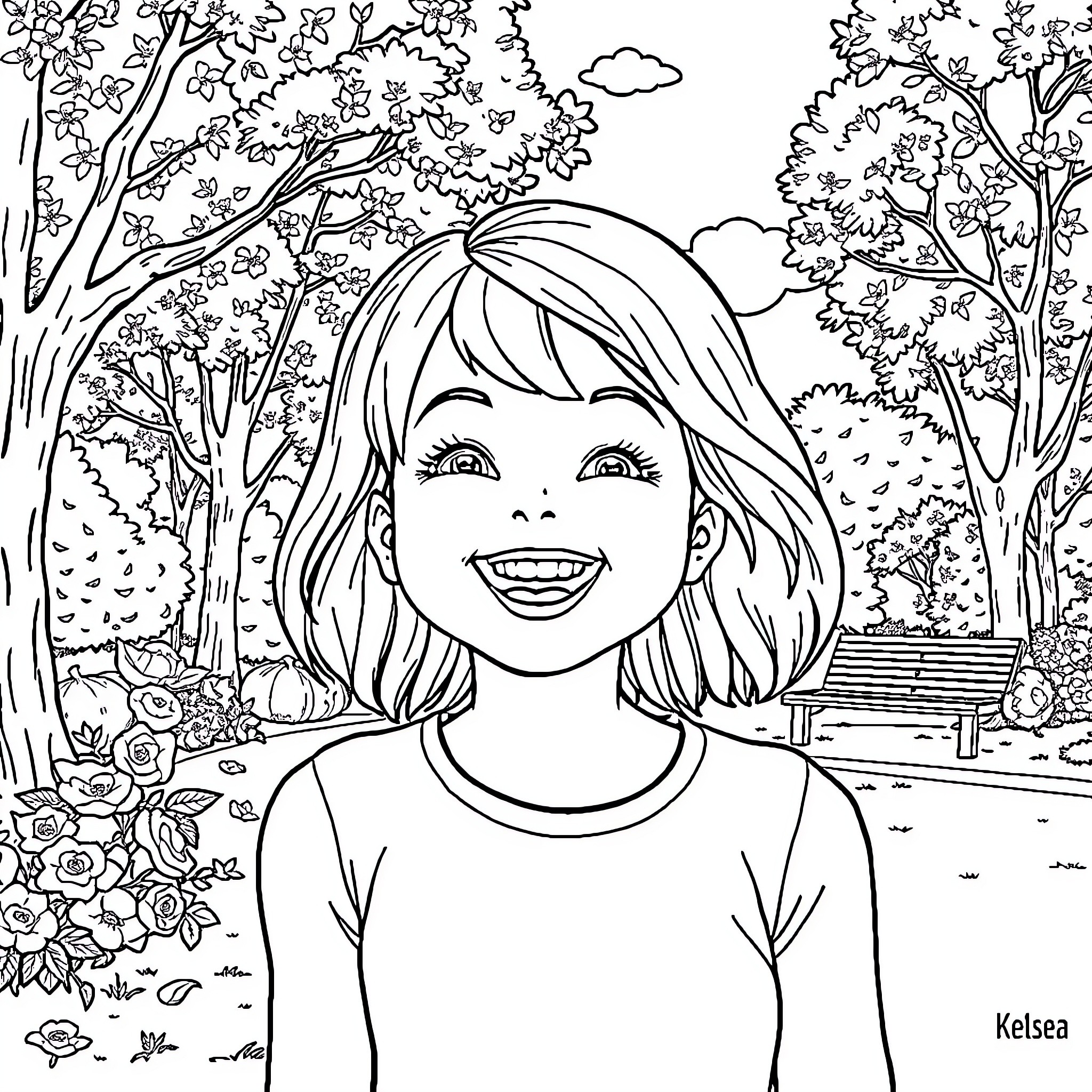 Kelsea enjoying a beautiful nature scene Coloring Page (free black-and-white line drawing printable PDF for all, from beginners to advanced learners, including children, teens, adults, and seniors)