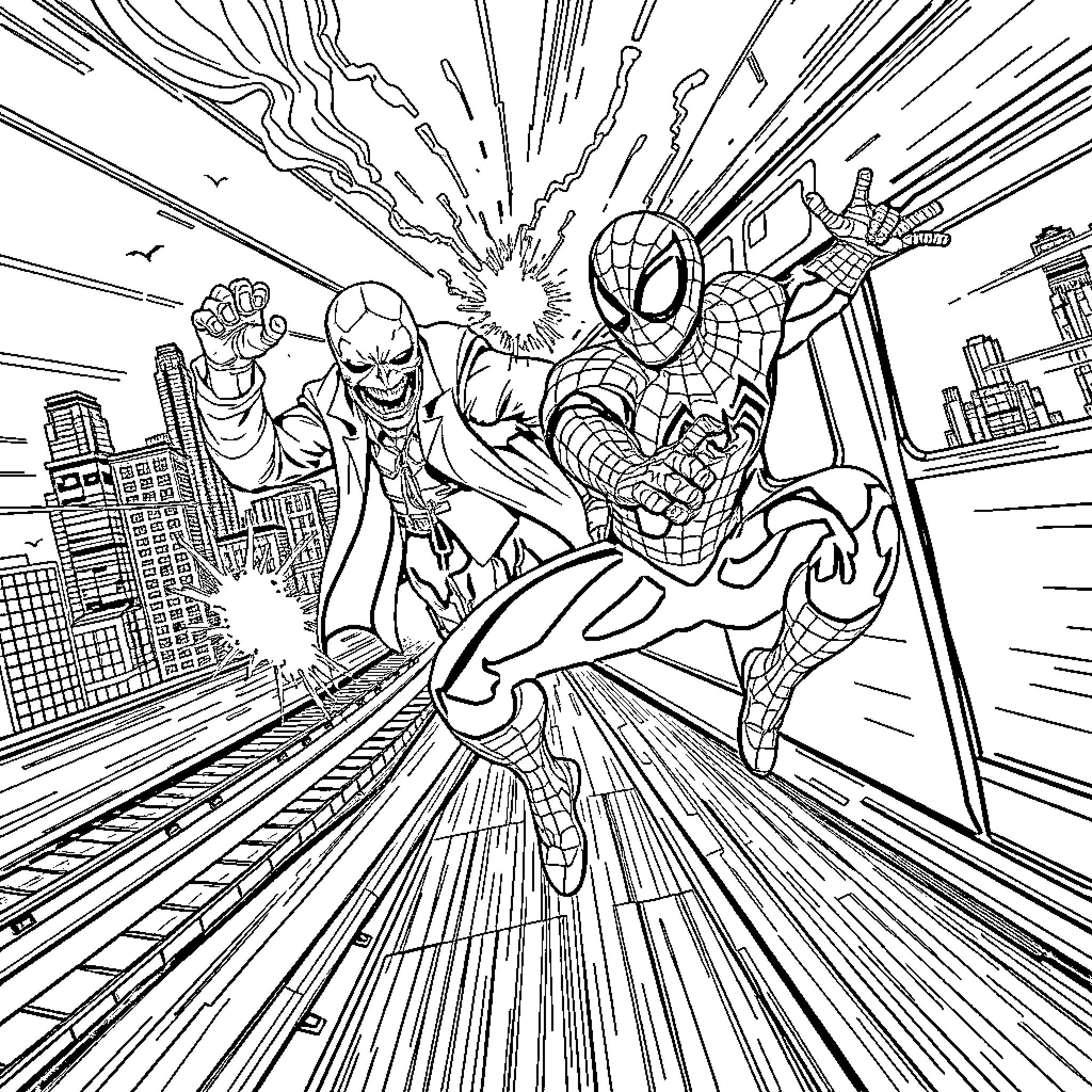 Spider-Man swinging through the city, battling villains Coloring Page (free black-and-white line drawing printable PDF for all, from beginners to advanced learners, including children, teens, adults, and seniors)