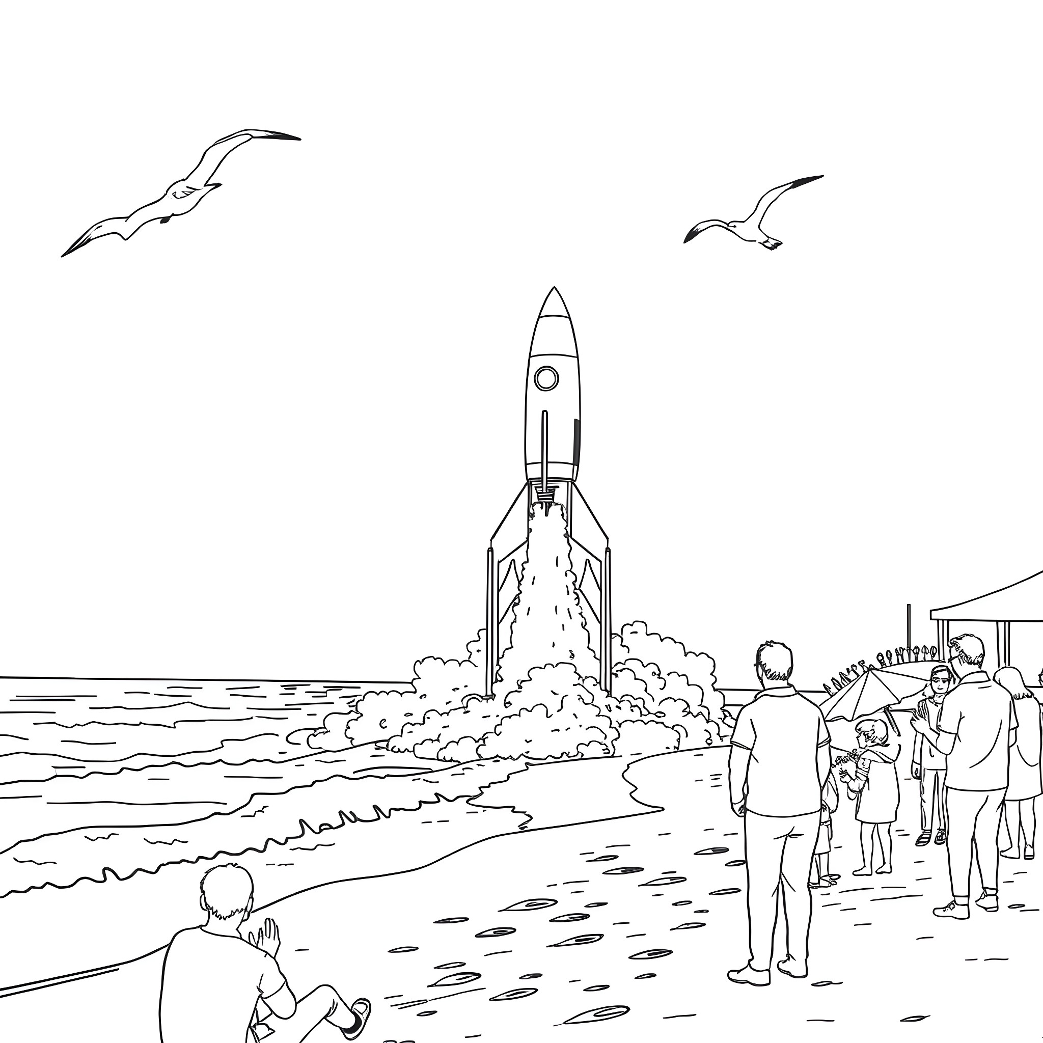 Rocket Launching with Onlookers in Coastal Scene Coloring Page (free black-and-white line drawing printable PDF for all, from beginners to advanced learners, including children, teens, adults, and seniors)