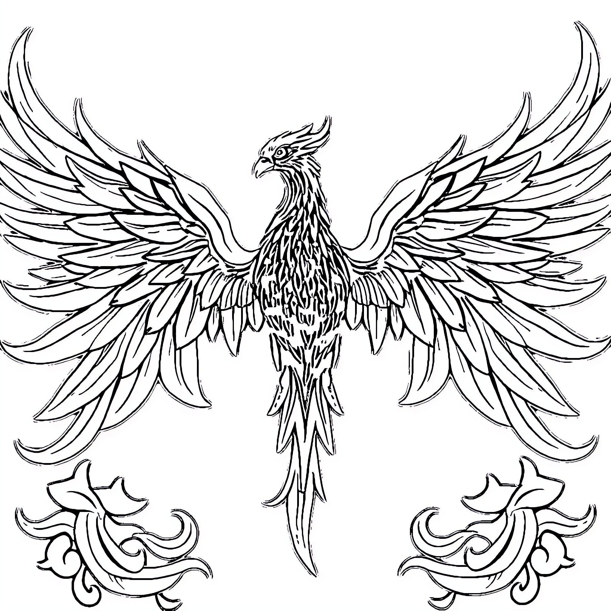 Phoenix rising with outstretched wings in dramatic pose Coloring Page (free black-and-white line drawing printable PDF for all, from beginners to advanced learners, including children, teens, adults, and seniors)