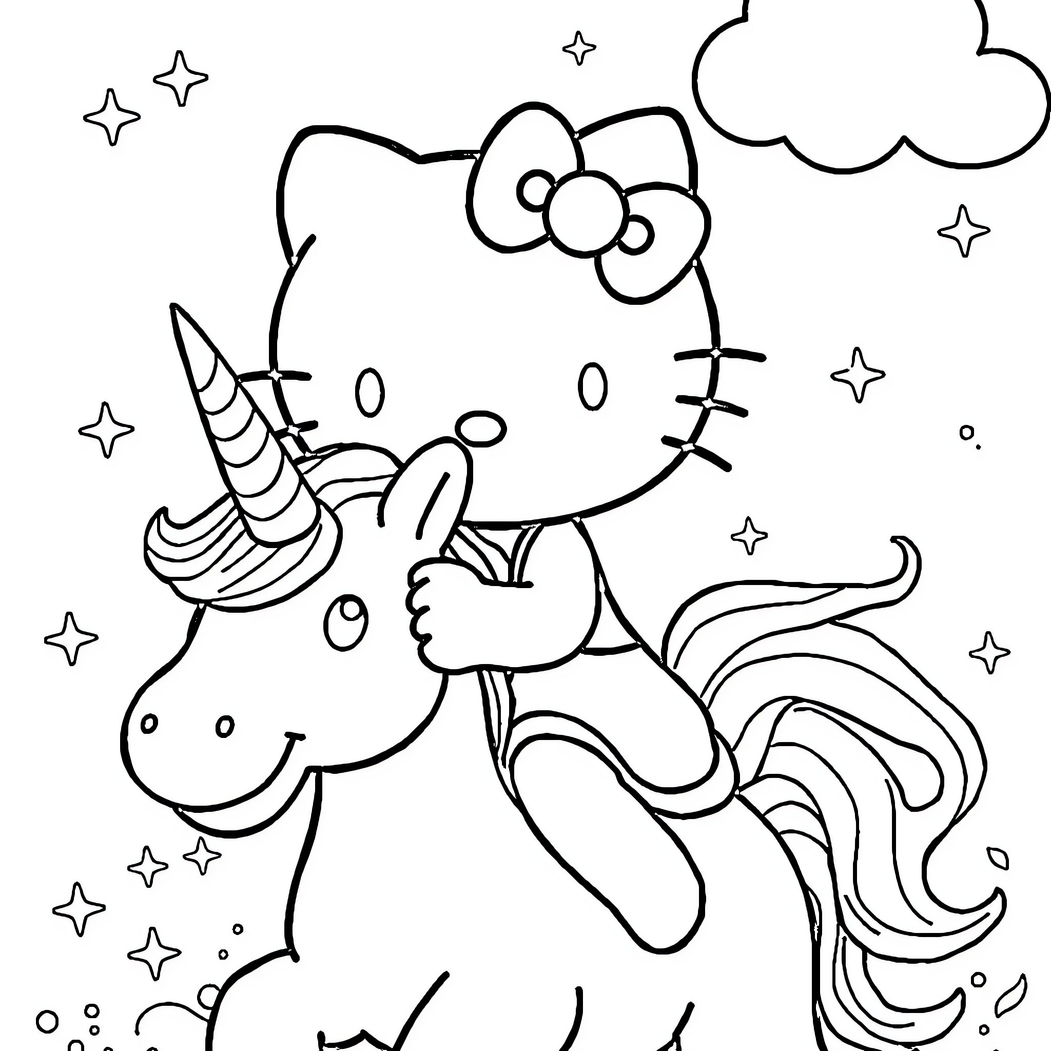 Hello Kitty riding a magical unicorn in the starry night Coloring Page (free black-and-white line drawing printable PDF for all, from beginners to advanced learners, including children, teens, adults, and seniors)