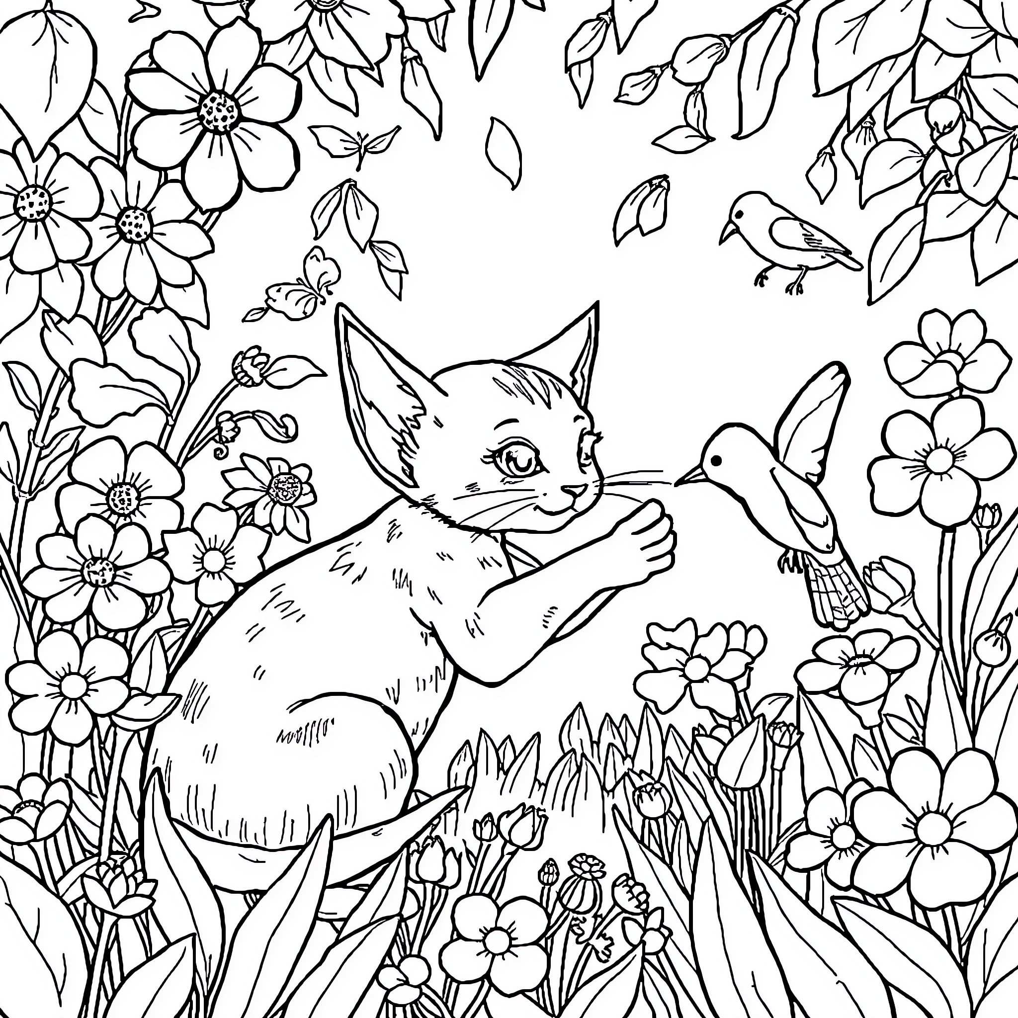Cat Exploring Floral Garden with Birds Coloring Page (free black-and-white line drawing printable PDF for all, from beginners to advanced learners, including children, teens, adults, and seniors)
