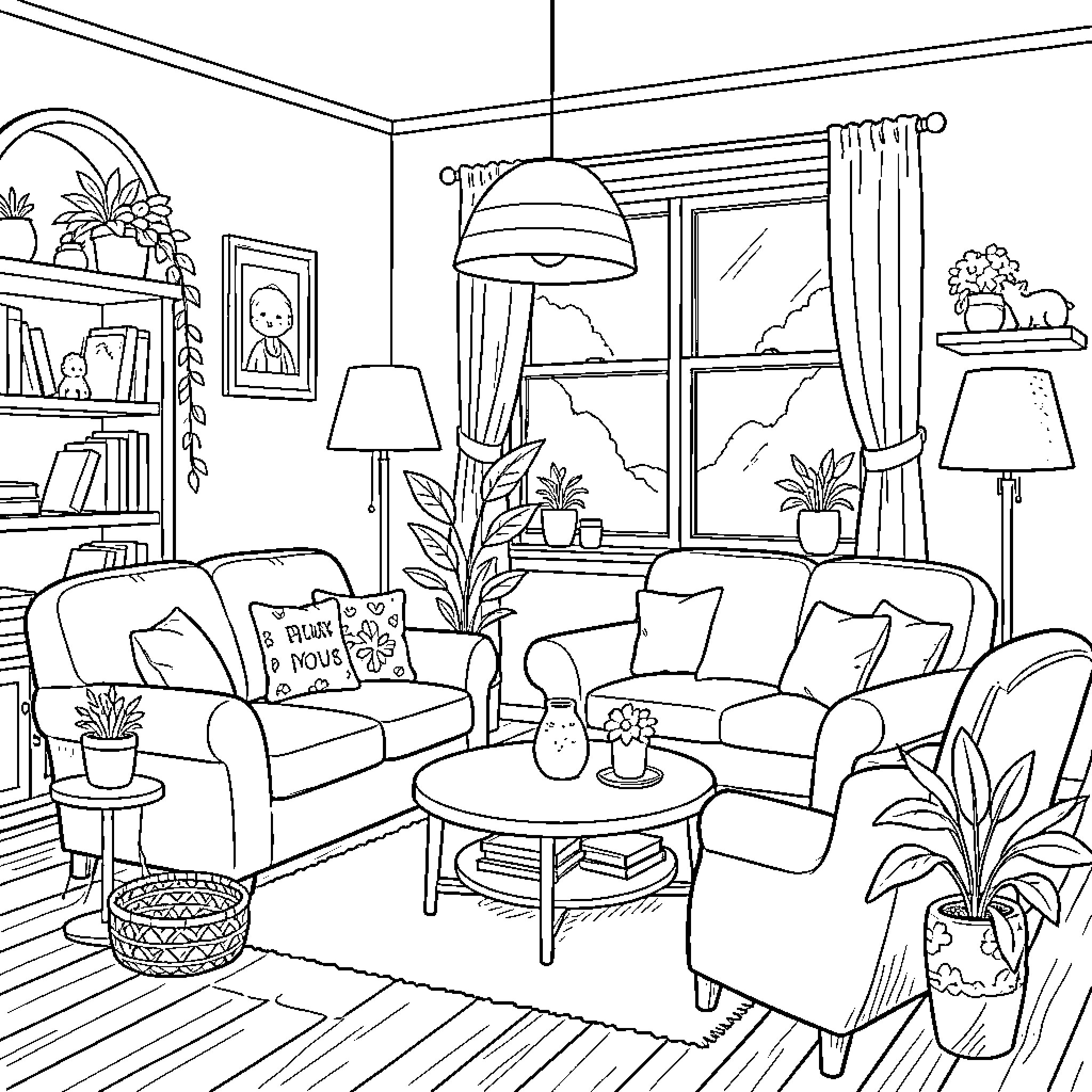 Space for a cozy living room arrangement Coloring Page (free black-and-white line drawing printable PDF for all, from beginners to advanced learners, including children, teens, adults, and seniors)