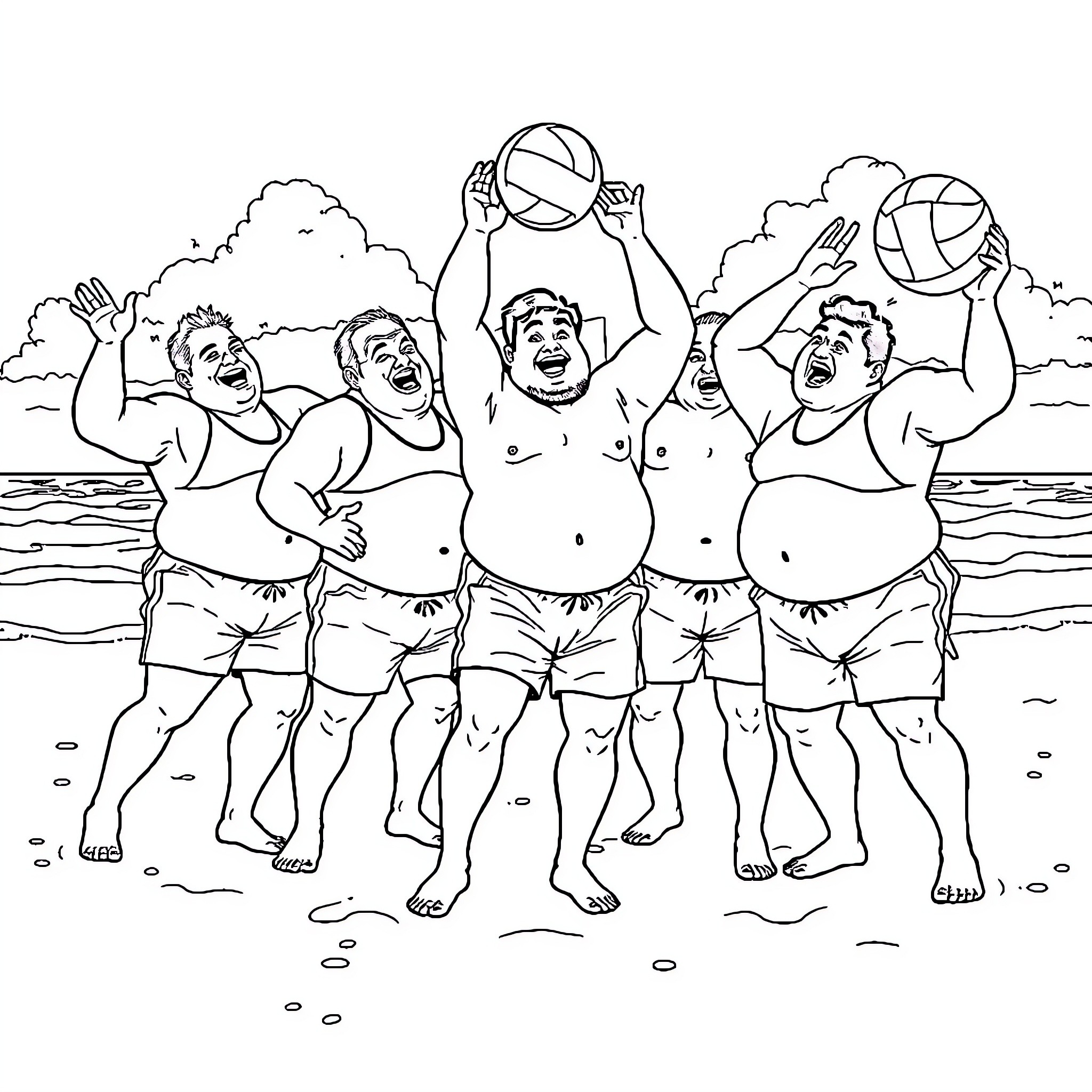 Men playing a joyful game of volleyball at the beach Coloring Page (free black-and-white line drawing printable PDF for all, from beginners to advanced learners, including children, teens, adults, and seniors)