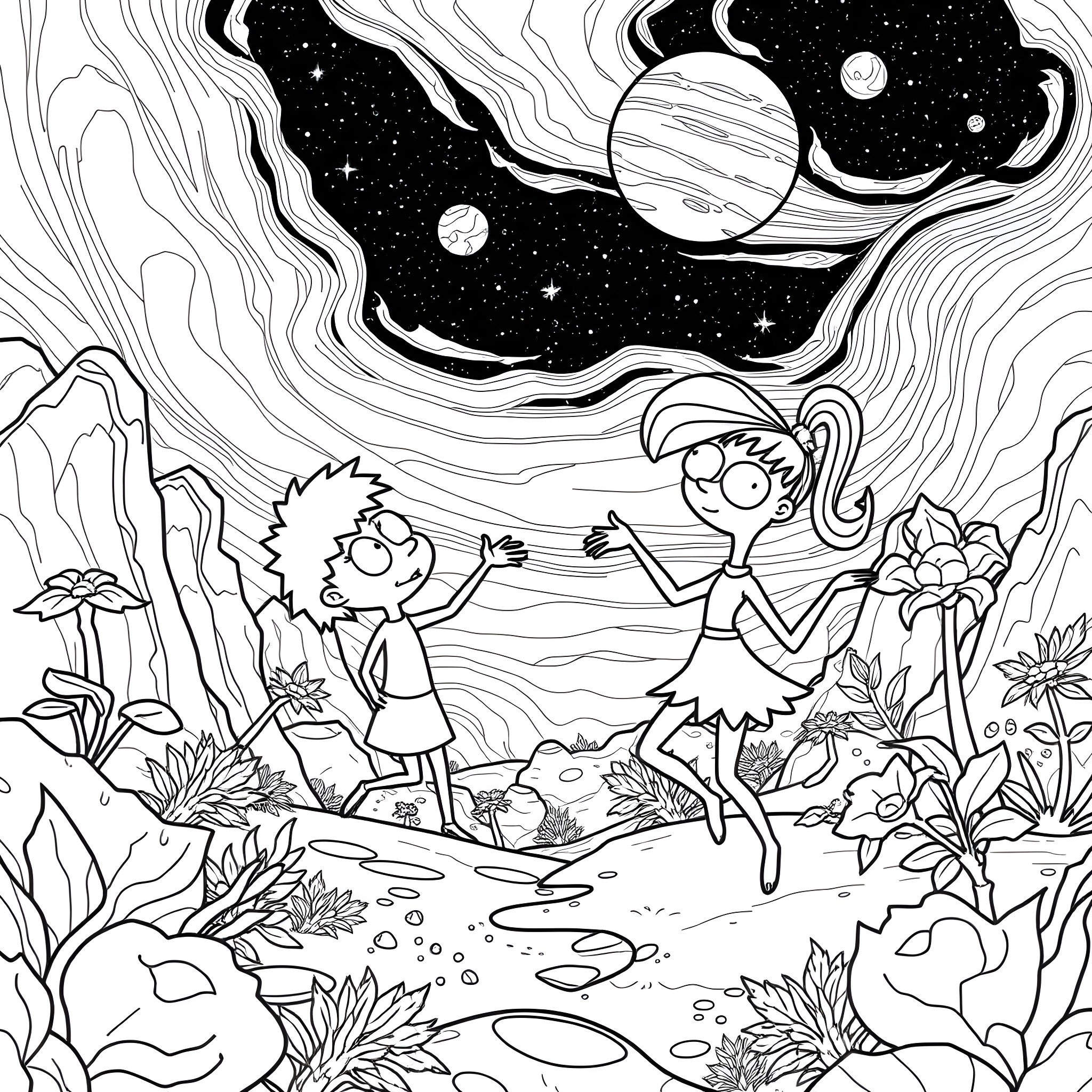 Phineas and Ferb enjoying a starry night adventure Coloring Page (free black-and-white line drawing printable PDF for all, from beginners to advanced learners, including children, teens, adults, and seniors)
