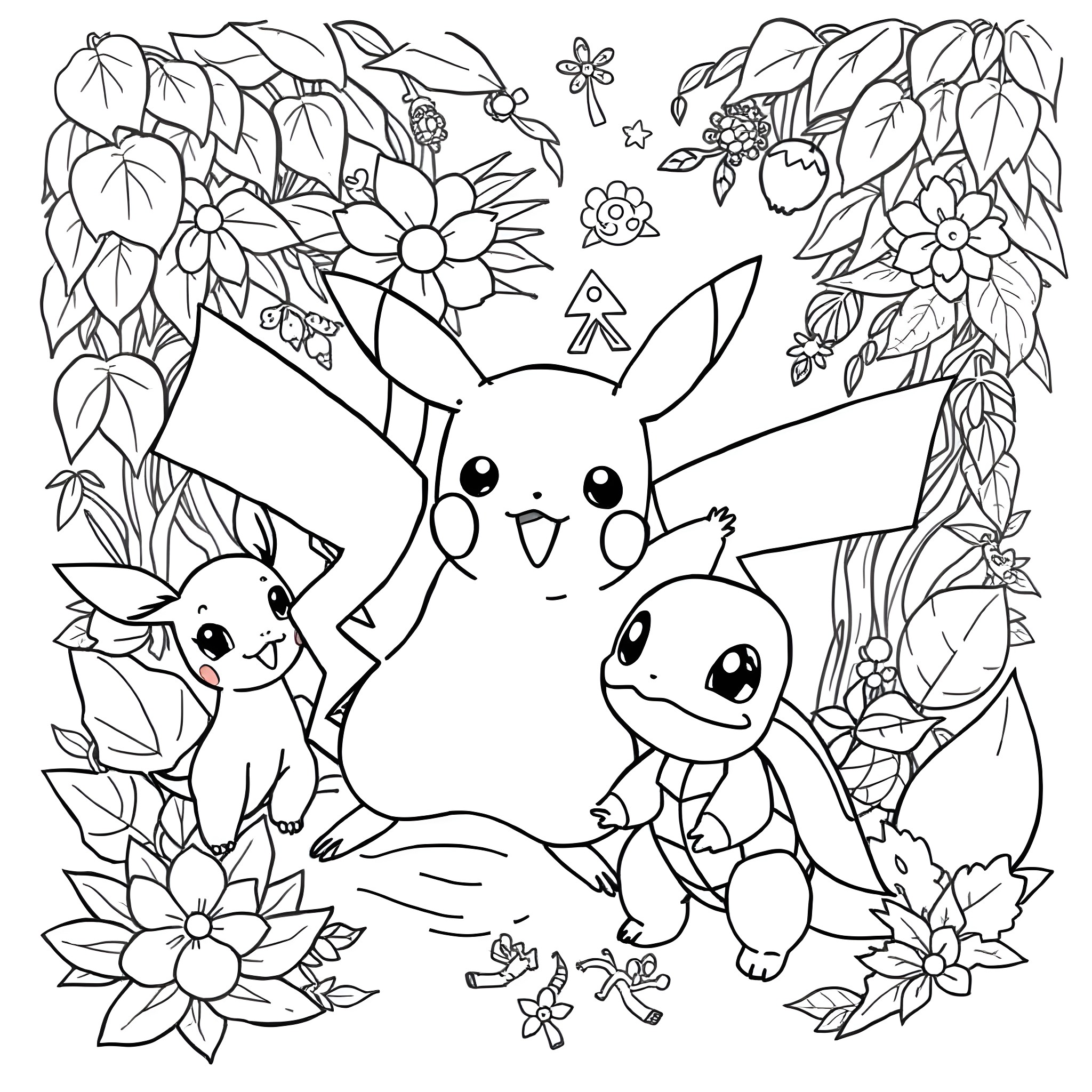 Pikachu and Pokémon friends in a floral paradise Coloring Page (free black-and-white line drawing printable PDF for all, from beginners to advanced learners, including children, teens, adults, and seniors)