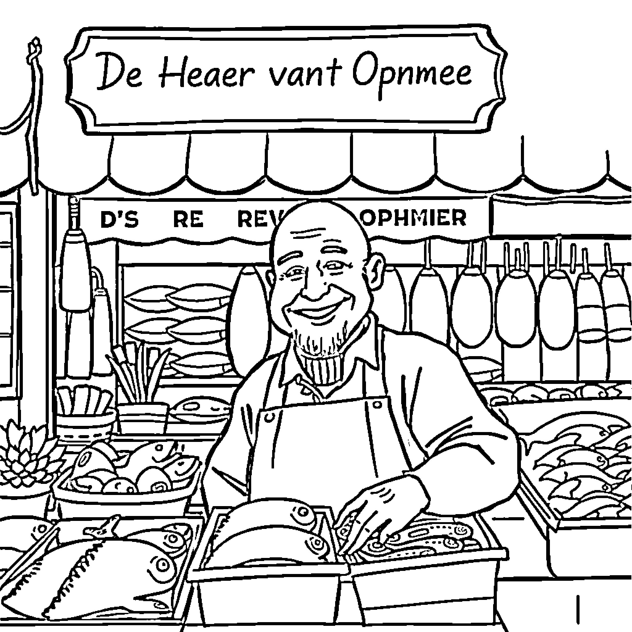 Man working at grocery store counter Coloring Page (free black-and-white line drawing printable PDF for all, from beginners to advanced learners, including children, teens, adults, and seniors)