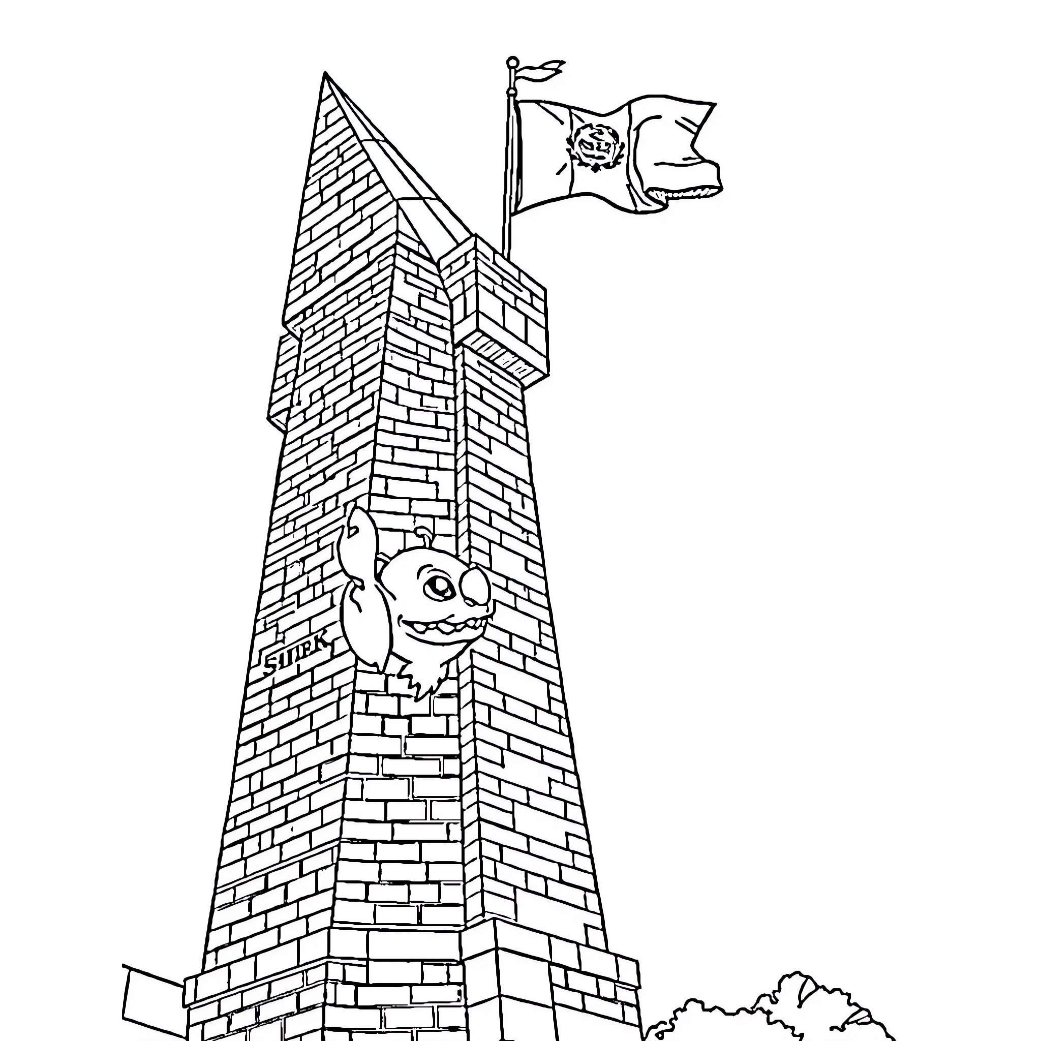 Tower with Pirate Flag and Curious Character Coloring Page (free black-and-white line drawing printable PDF for all, from beginners to advanced learners, including children, teens, adults, and seniors)