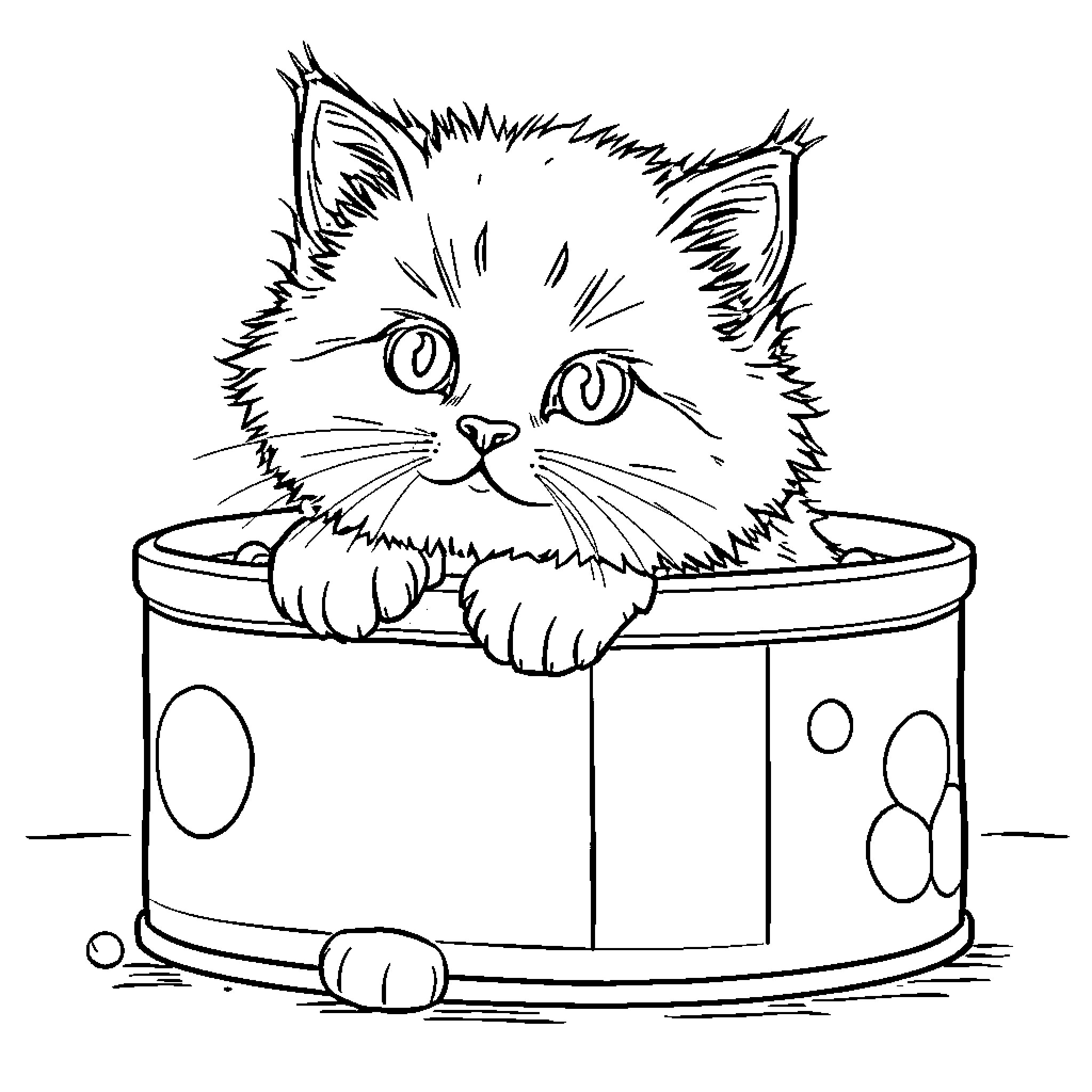 Cat lounging in a spotted drum Coloring Page (free black-and-white line drawing printable PDF for all, from beginners to advanced learners, including children, teens, adults, and seniors)