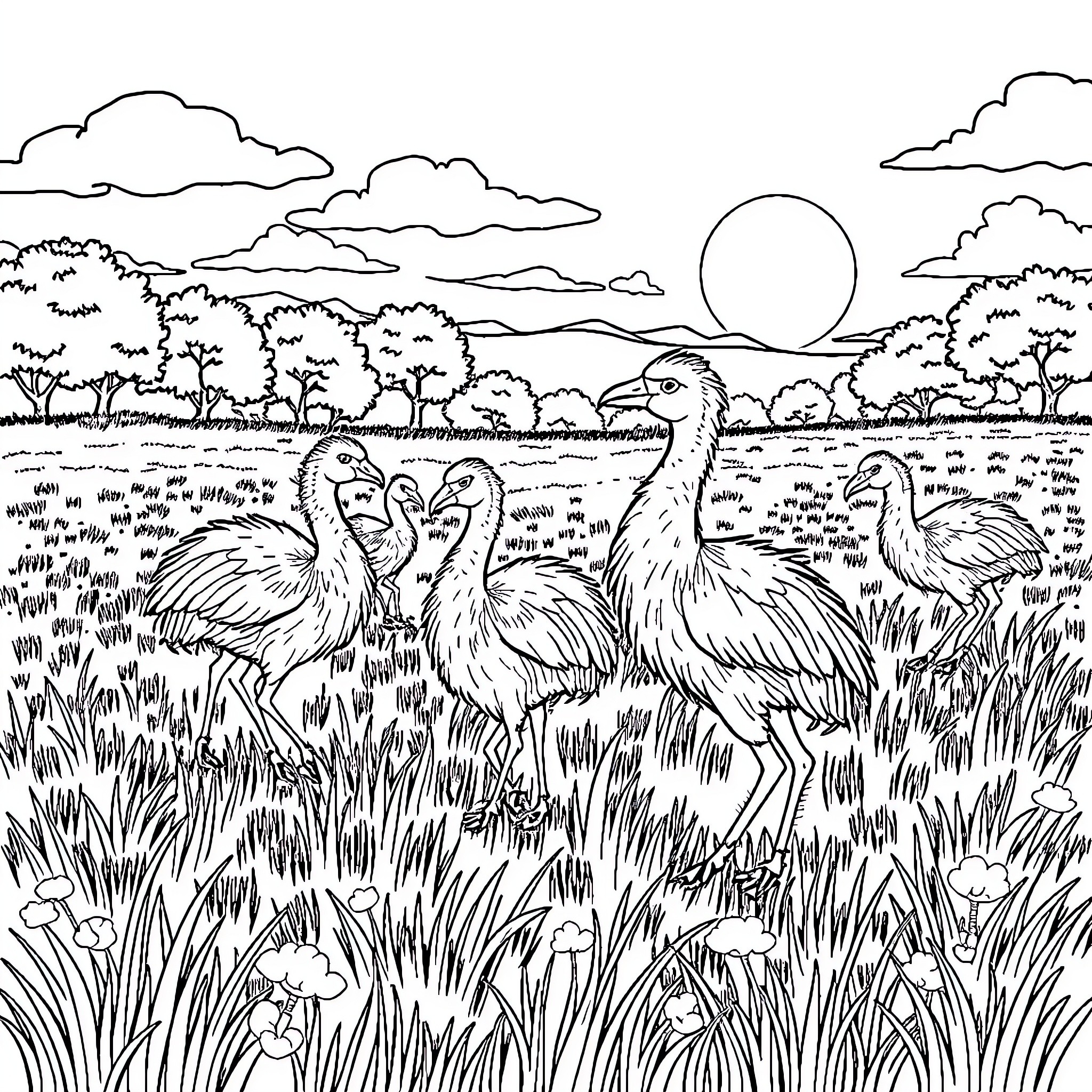 Animal group of birds in a nature landscape Coloring Page (free black-and-white line drawing printable PDF for all, from beginners to advanced learners, including children, teens, adults, and seniors)