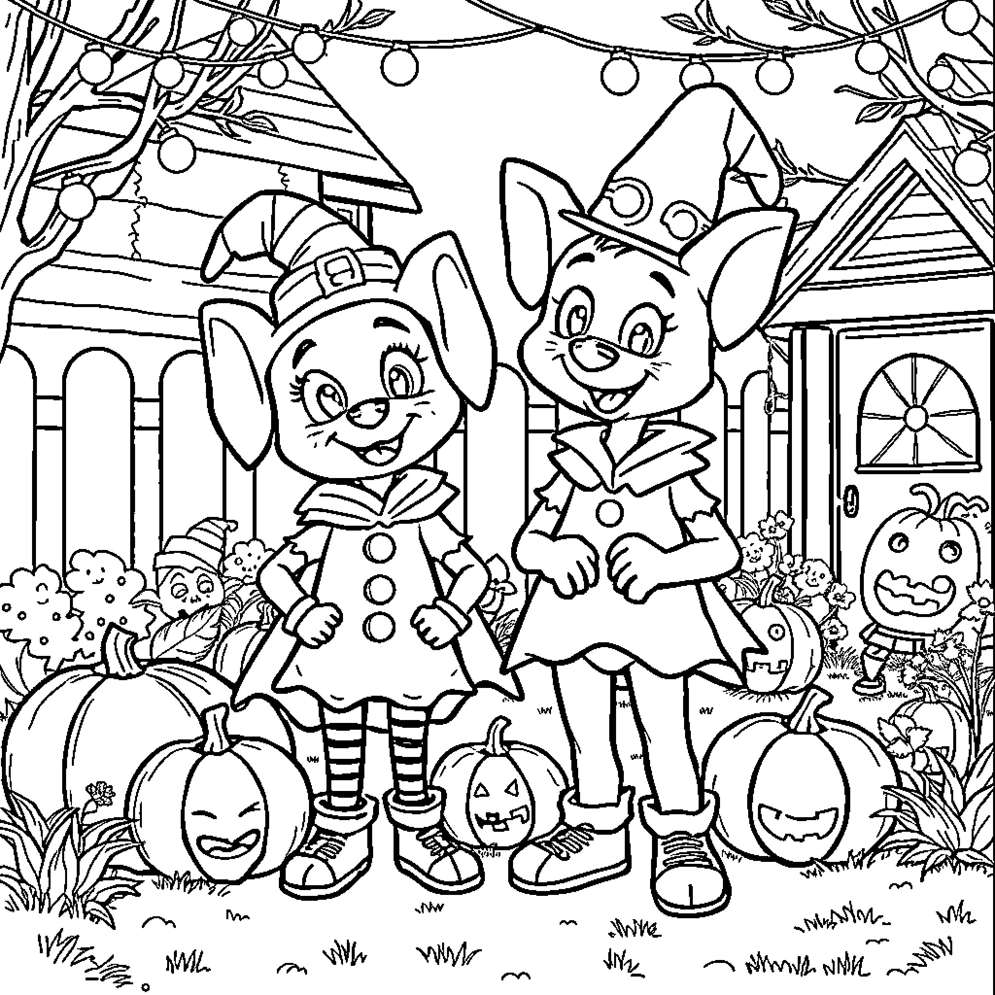 Bluey Trick-or-Treating in Festive Neighborhood Coloring Page (free black-and-white line drawing printable PDF for all, from beginners to advanced learners, including children, teens, adults, and seniors)