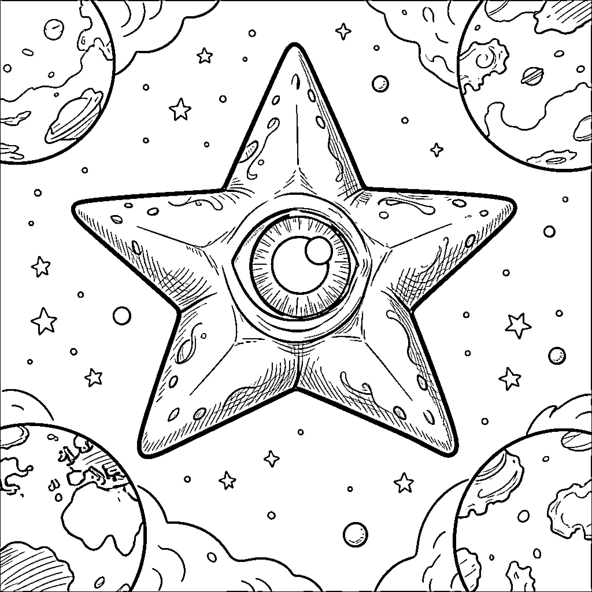 Star of the Cosmic Realm Coloring Page (free black-and-white line drawing printable PDF for all, from beginners to advanced learners, including children, teens, adults, and seniors)