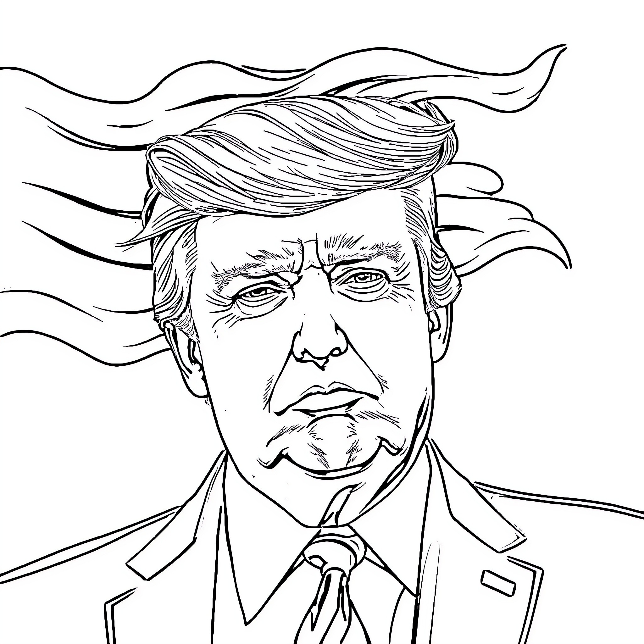 Trump in Formal Attire with Windblown Hair Coloring Page (free black-and-white line drawing printable PDF for all, from beginners to advanced learners, including children, teens, adults, and seniors)