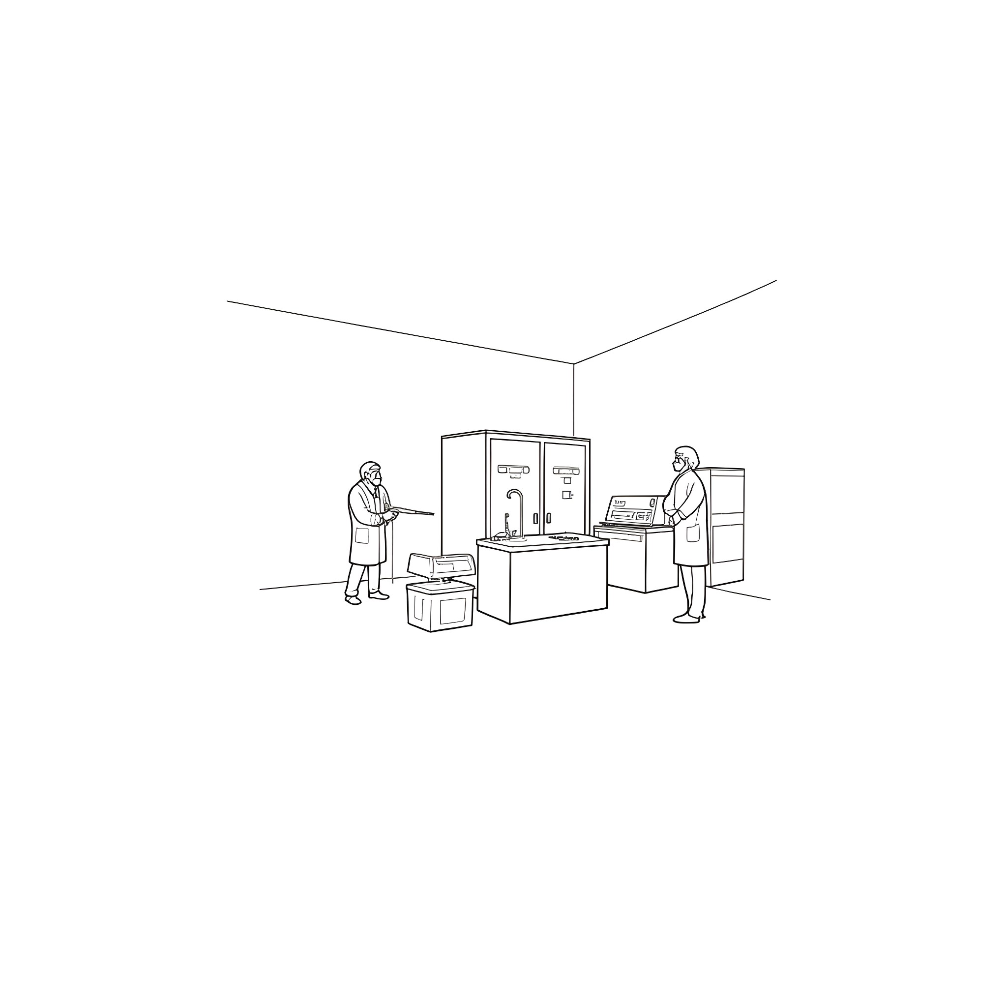 Laboratory workers conducting research and testing Coloring Page (free black-and-white line drawing printable PDF for all, from beginners to advanced learners, including children, teens, adults, and seniors)