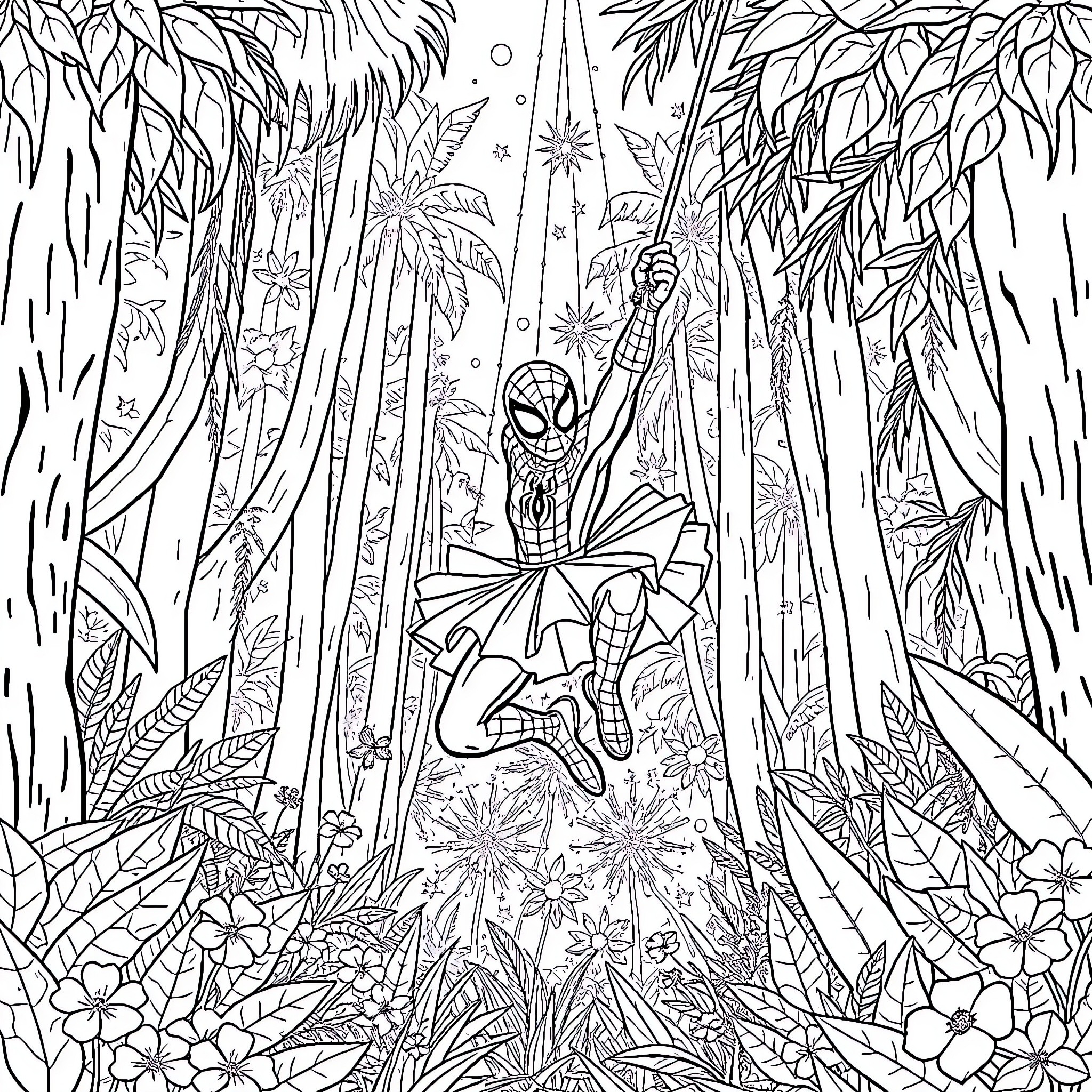 Spiderman swinging through the enchanted jungle Coloring Page (free black-and-white line drawing printable PDF for all, from beginners to advanced learners, including children, teens, adults, and seniors)