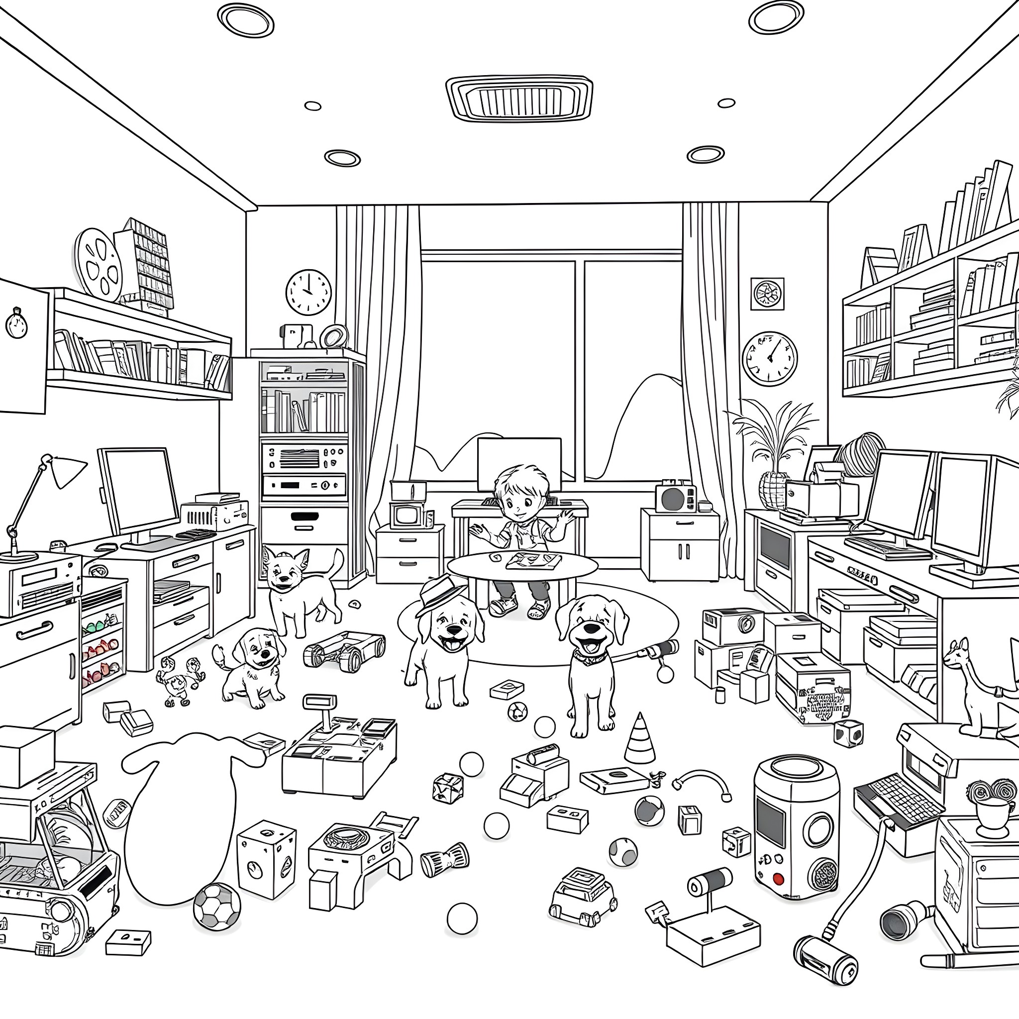 Child's messy and chaotic bedroom with toys and electronics Coloring Page (free black-and-white line drawing printable PDF for all, from beginners to advanced learners, including children, teens, adults, and seniors)