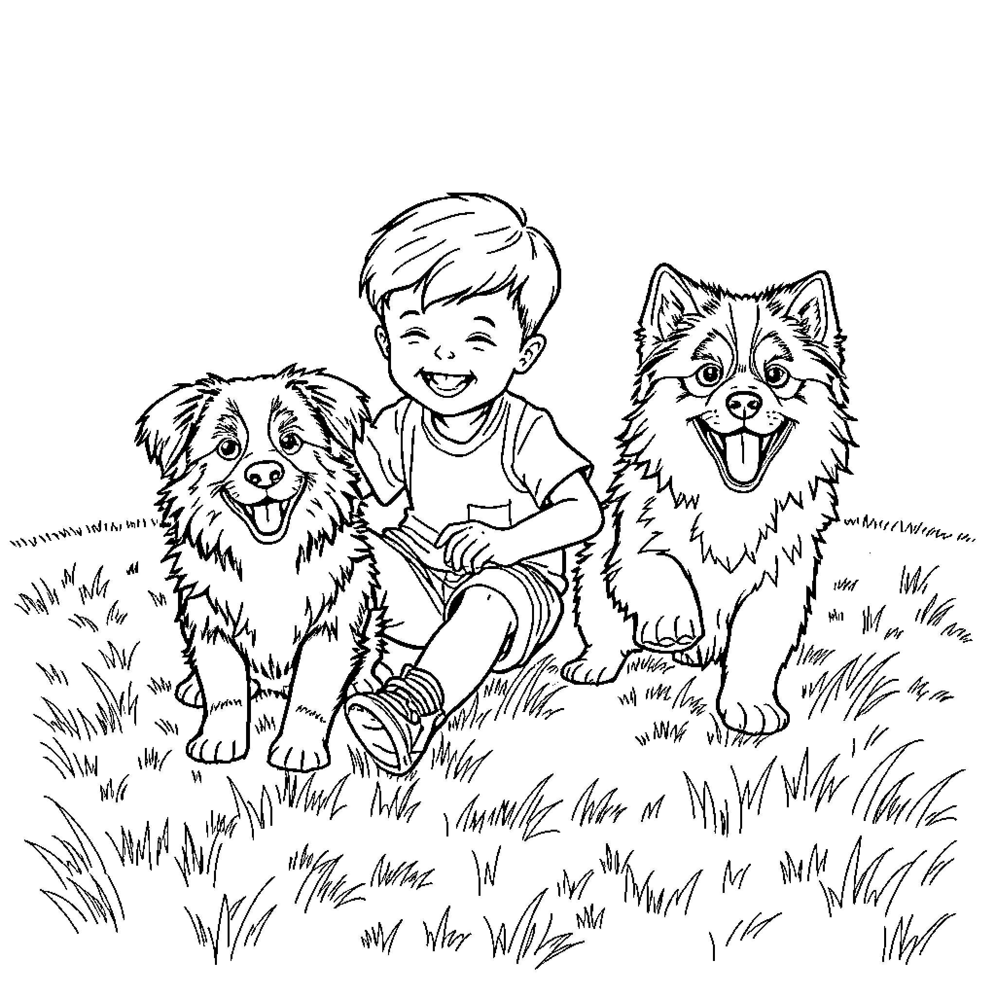 Boy playing happily with his dogs in the field Coloring Page (free black-and-white line drawing printable PDF for all, from beginners to advanced learners, including children, teens, adults, and seniors)