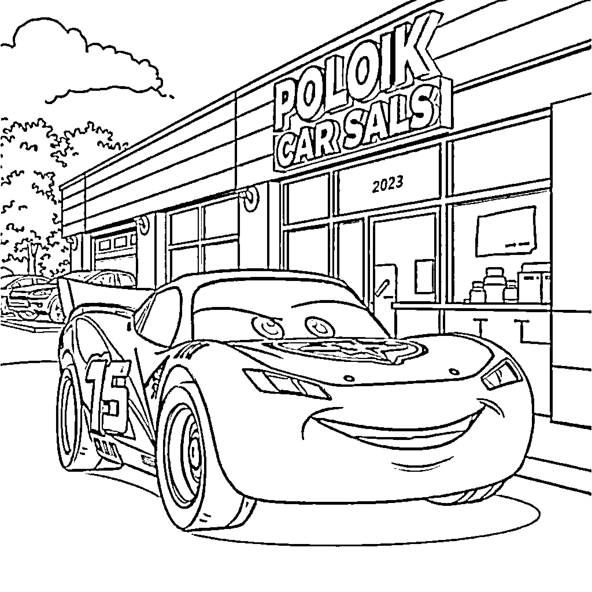Lightning McQueen at the Pioloik car sales showroom Coloring Page (free black-and-white line drawing printable PDF for all, from beginners to advanced learners, including children, teens, adults, and seniors)